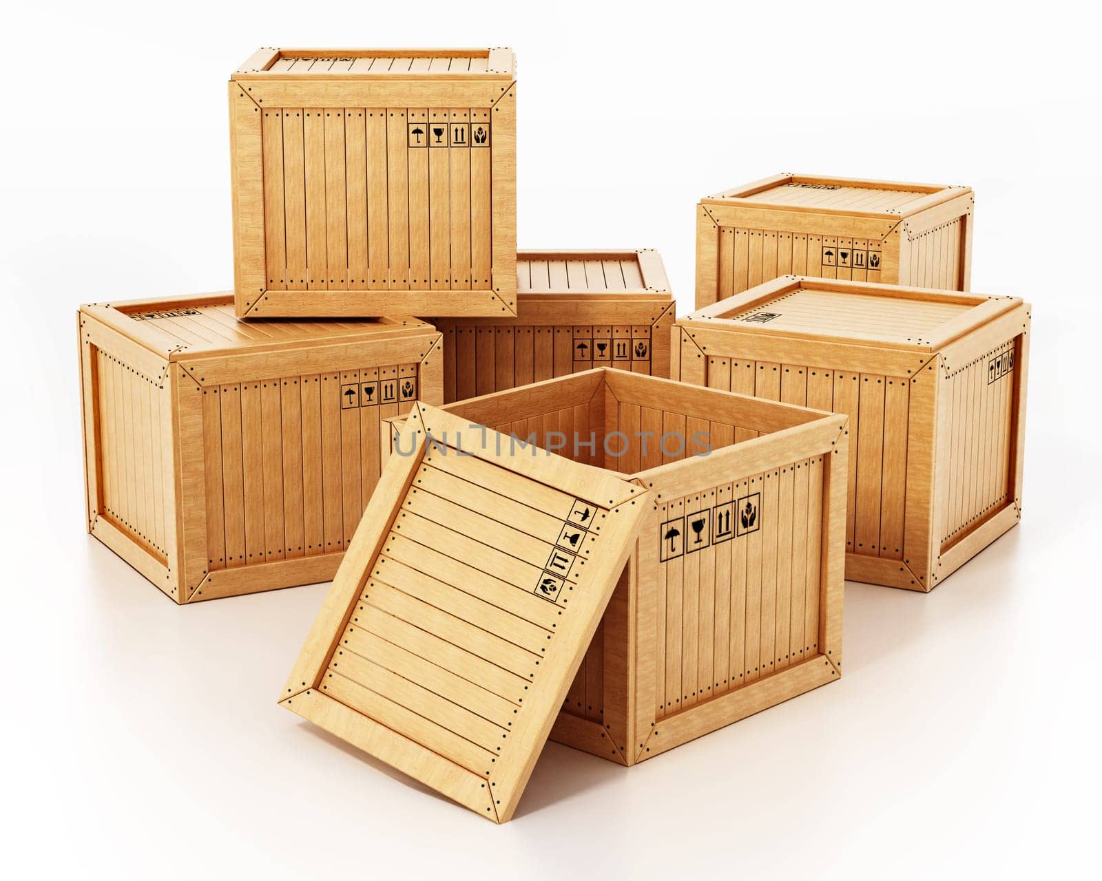Group of transport crates isolated on white background. 3D illustration.