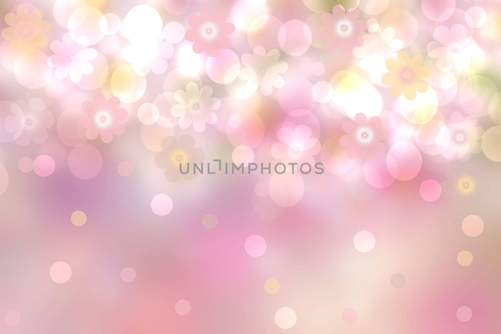 Abstract fresh vivid spring summer light delicate pastel pink yellow bokeh background texture with bright soft color cherry blossoms and flowers. Card concept. Beautiful backdrop illustration.