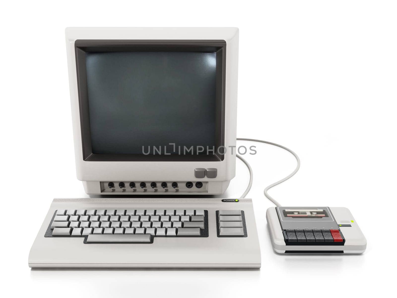 Vintage personal computer with cassette reader. 3D illustration.