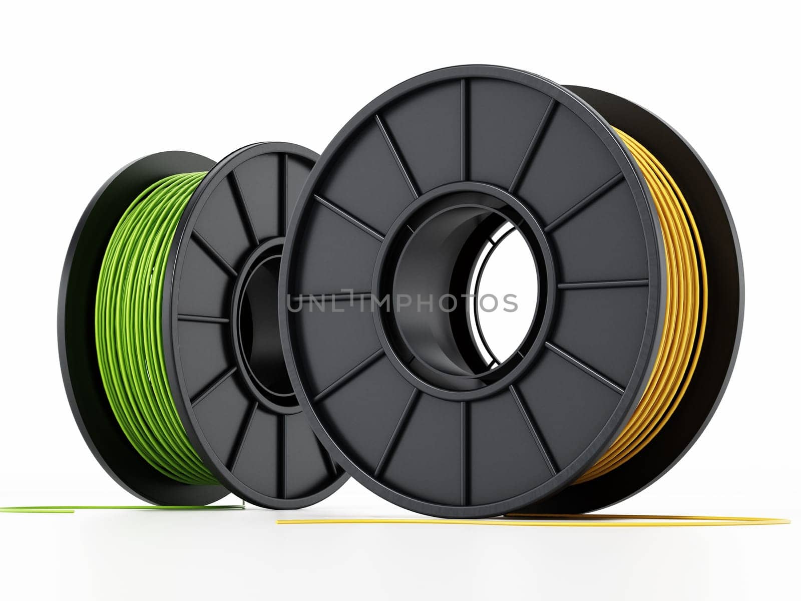 Generic new spools of 3D filaments isolated on white background. 3D illustration.