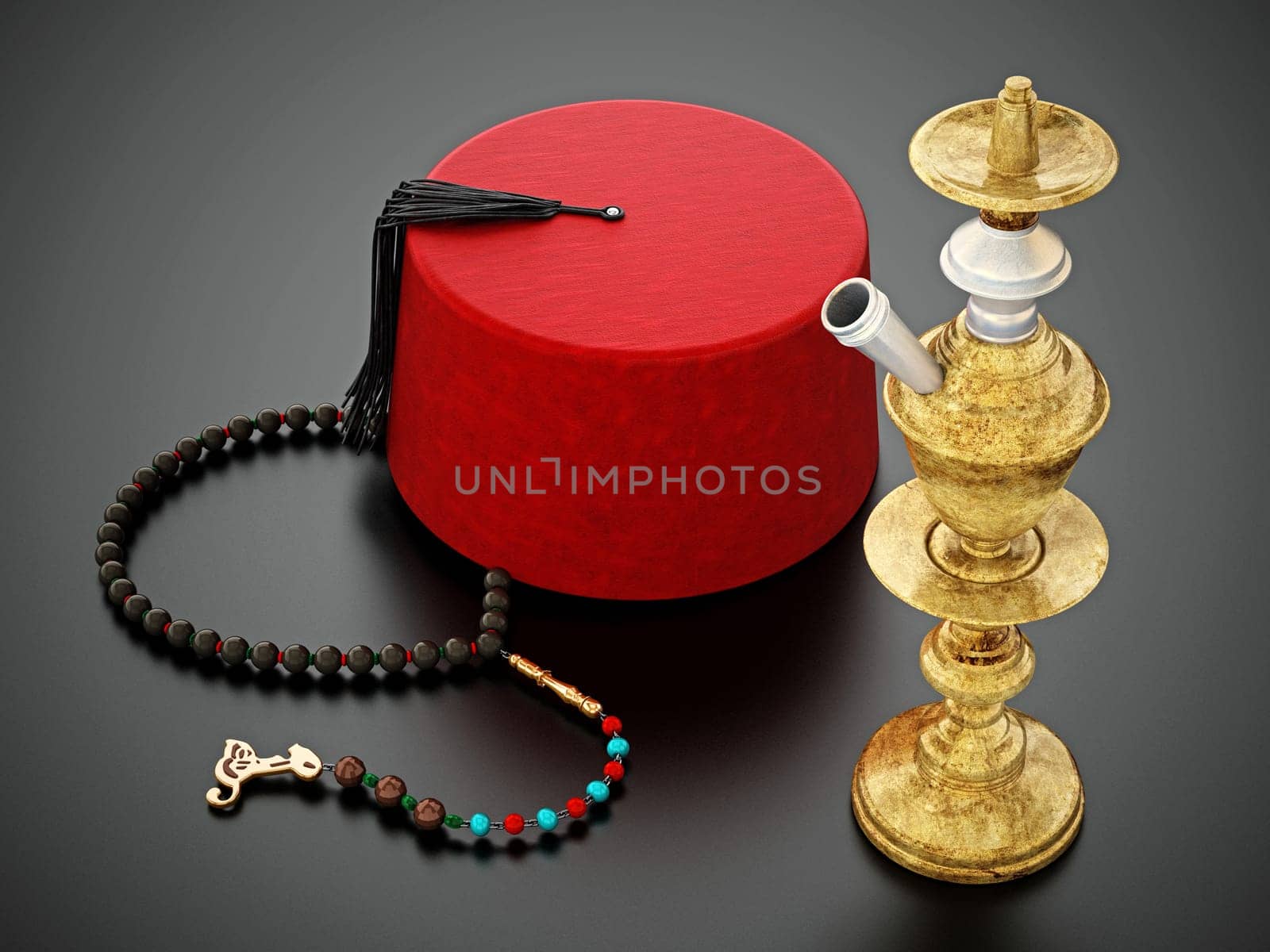 Red fez hat, prayer beads and hookah. 3D illustration.