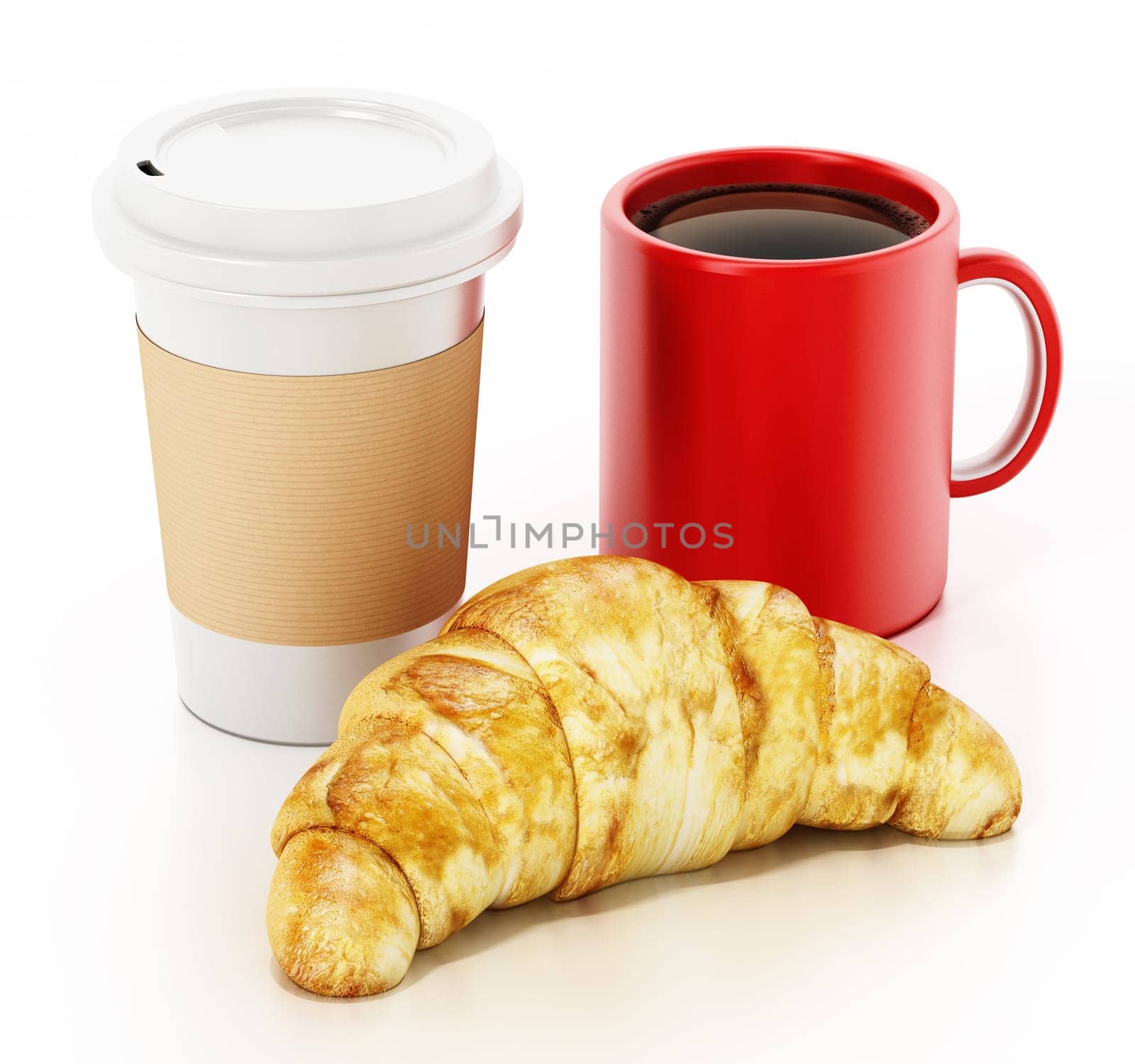 Coffe mug, cup and croissant isolated on white background. 3D illustration.