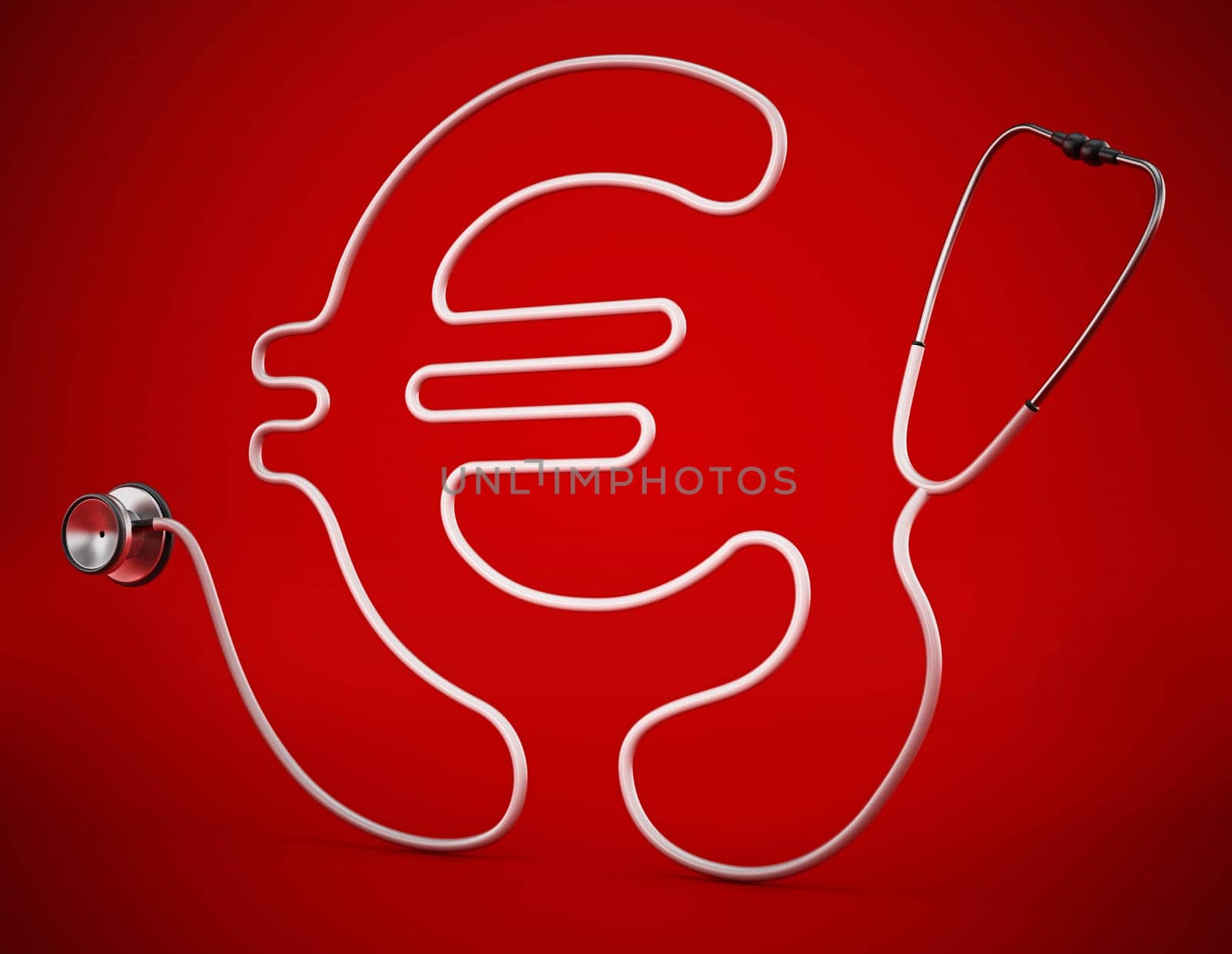 Stethoscope cord forming shape of Euro symbol. 3D illustration.