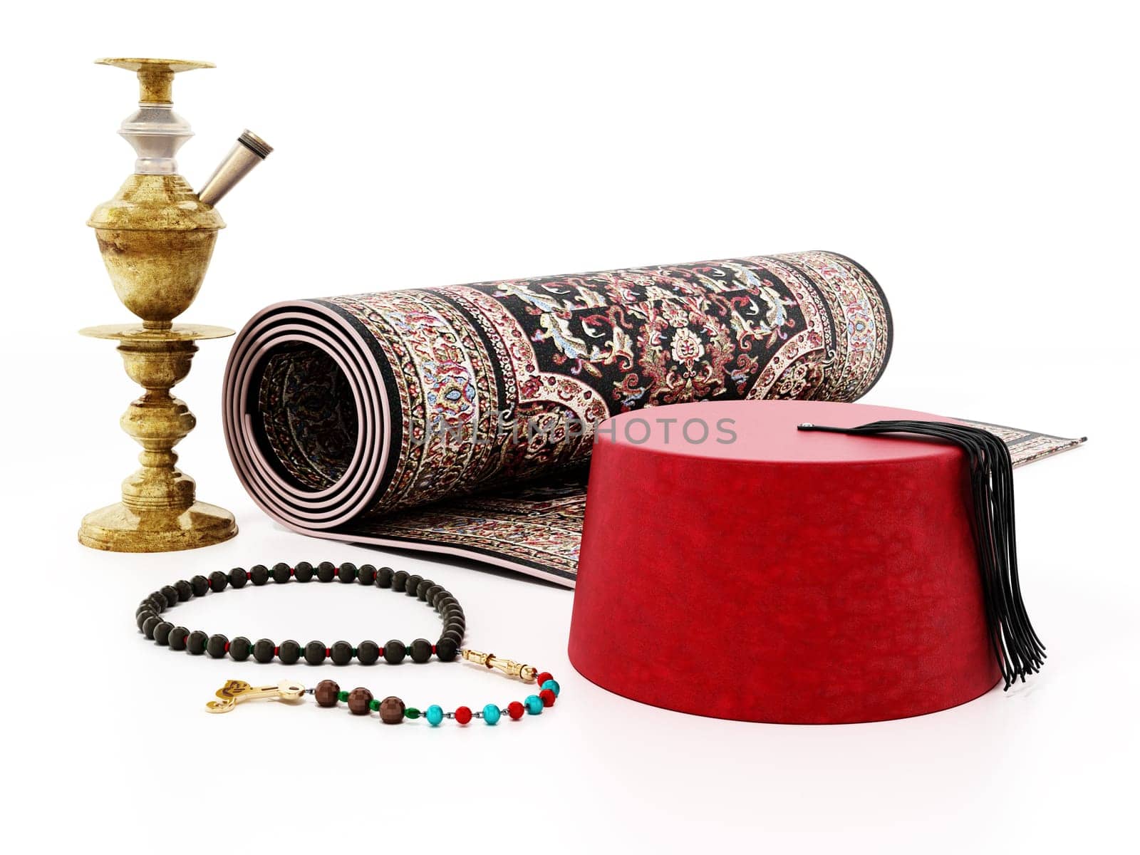 Red fez, carpet, prayer beads and hookah. 3D illustration