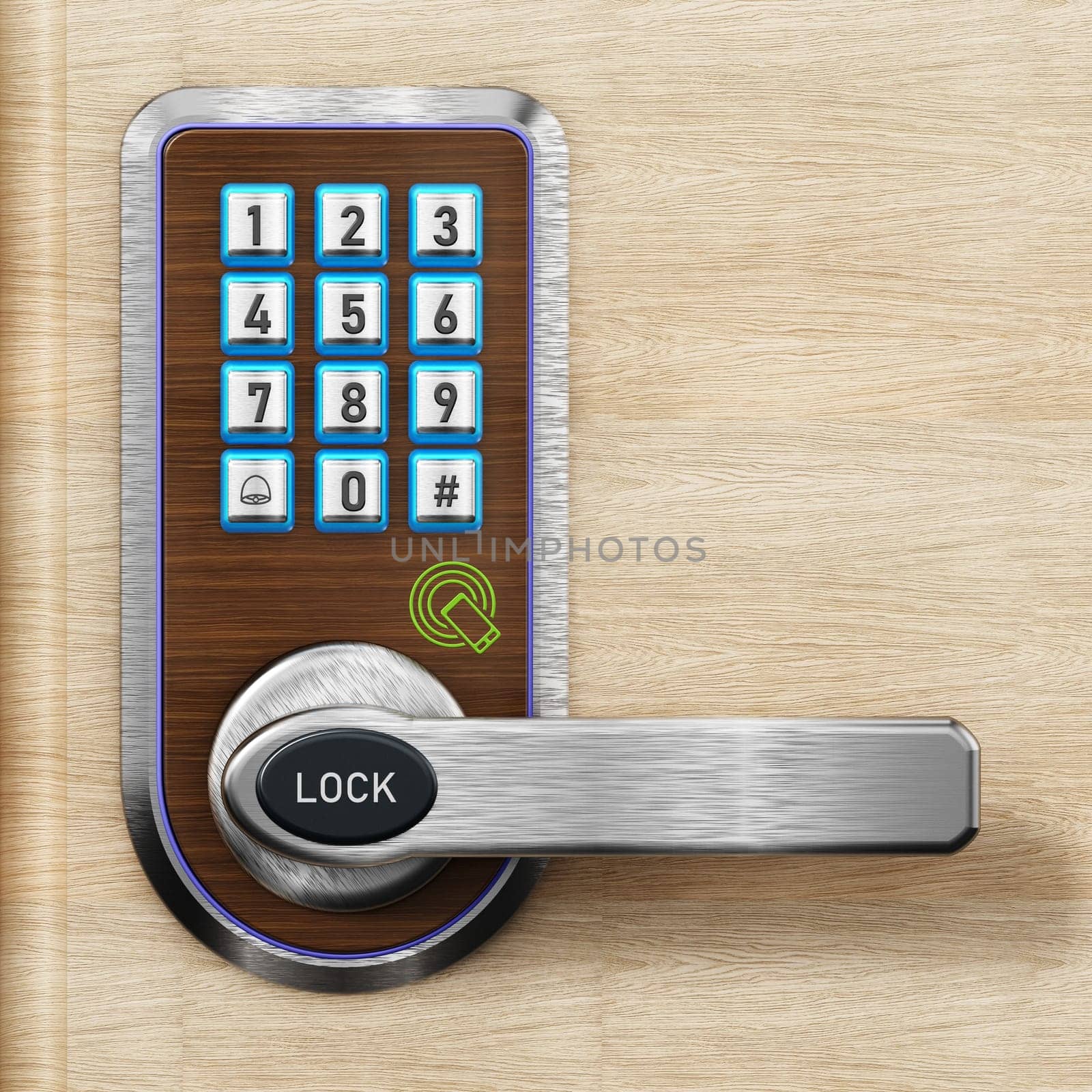 Digital security keypad and knob on door. 3D illustration.