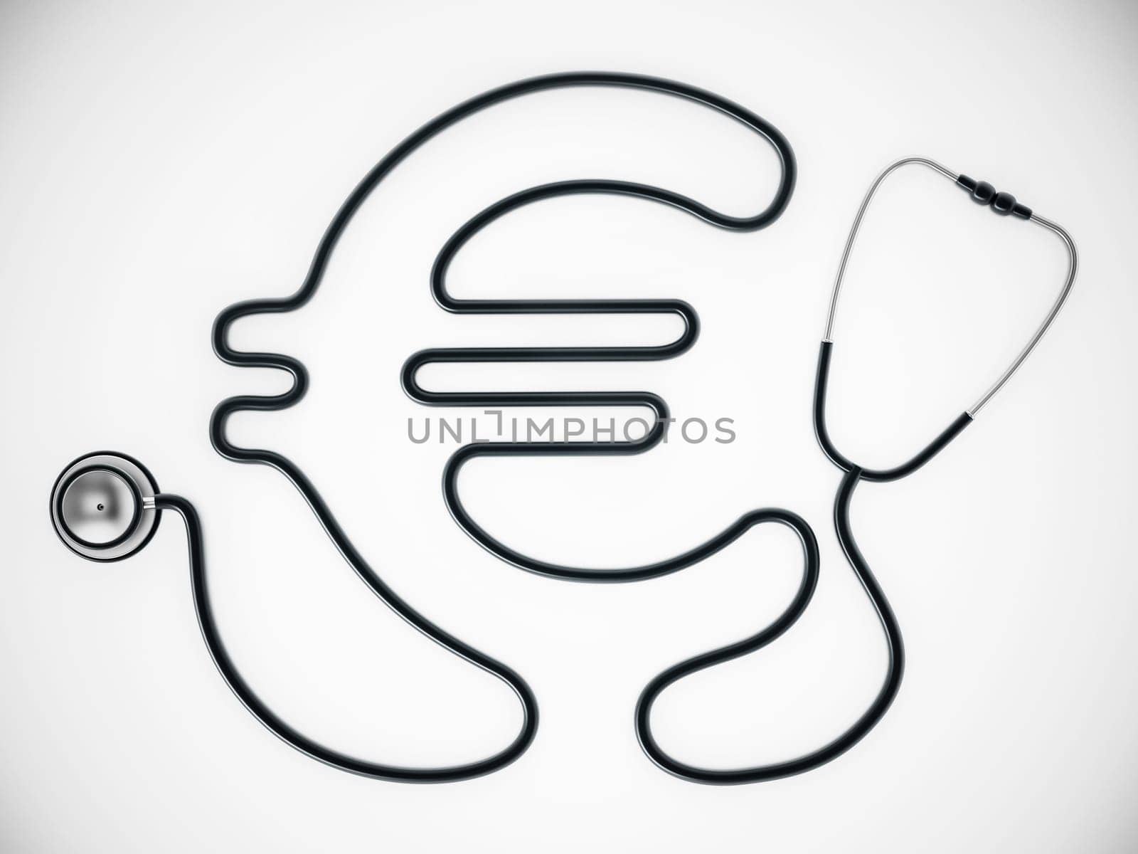 Stethoscope cord forming shape of Euro symbol. 3D illustration.