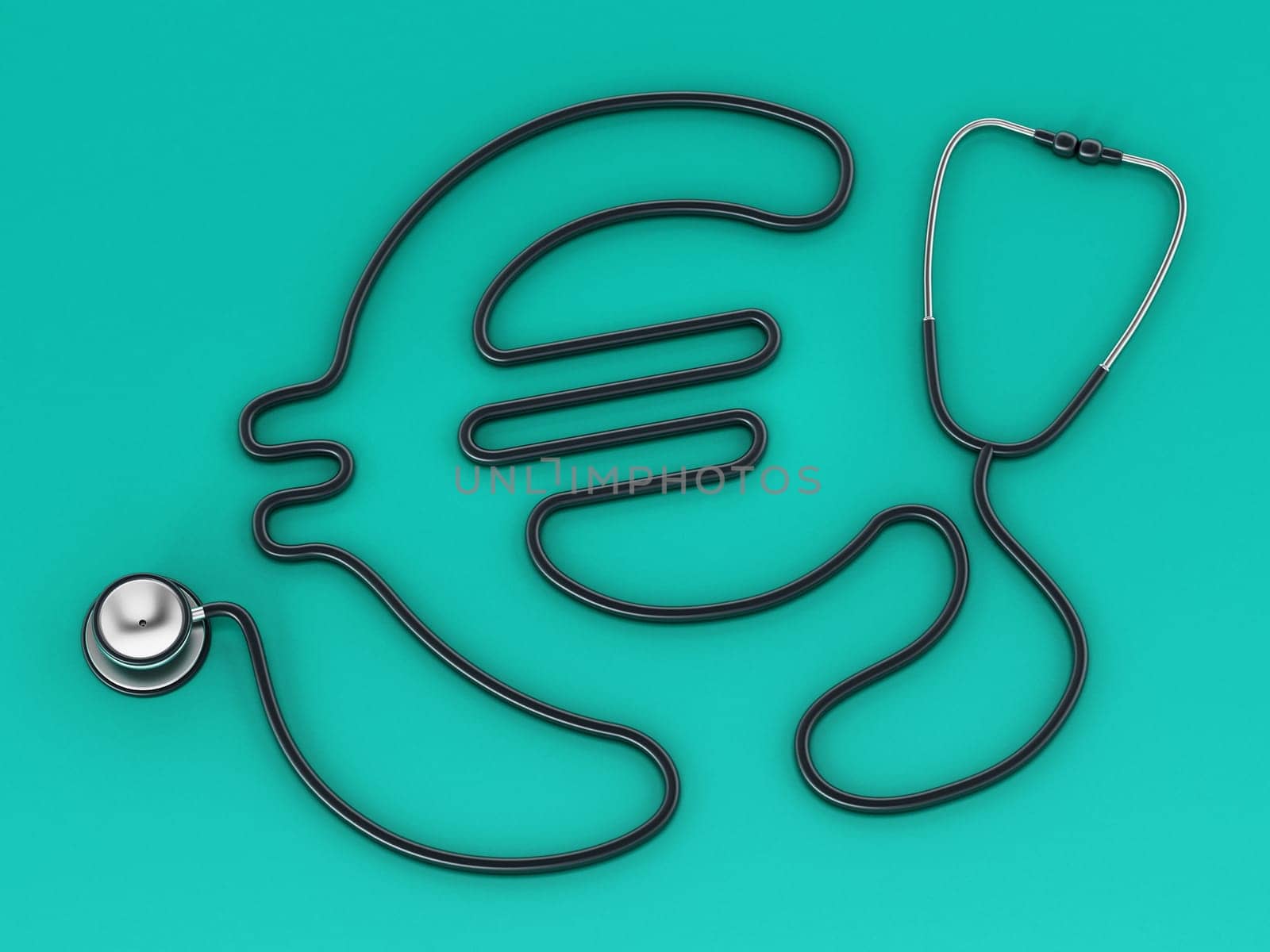 Stethoscope cord forming shape of Euro symbol. 3D illustration.