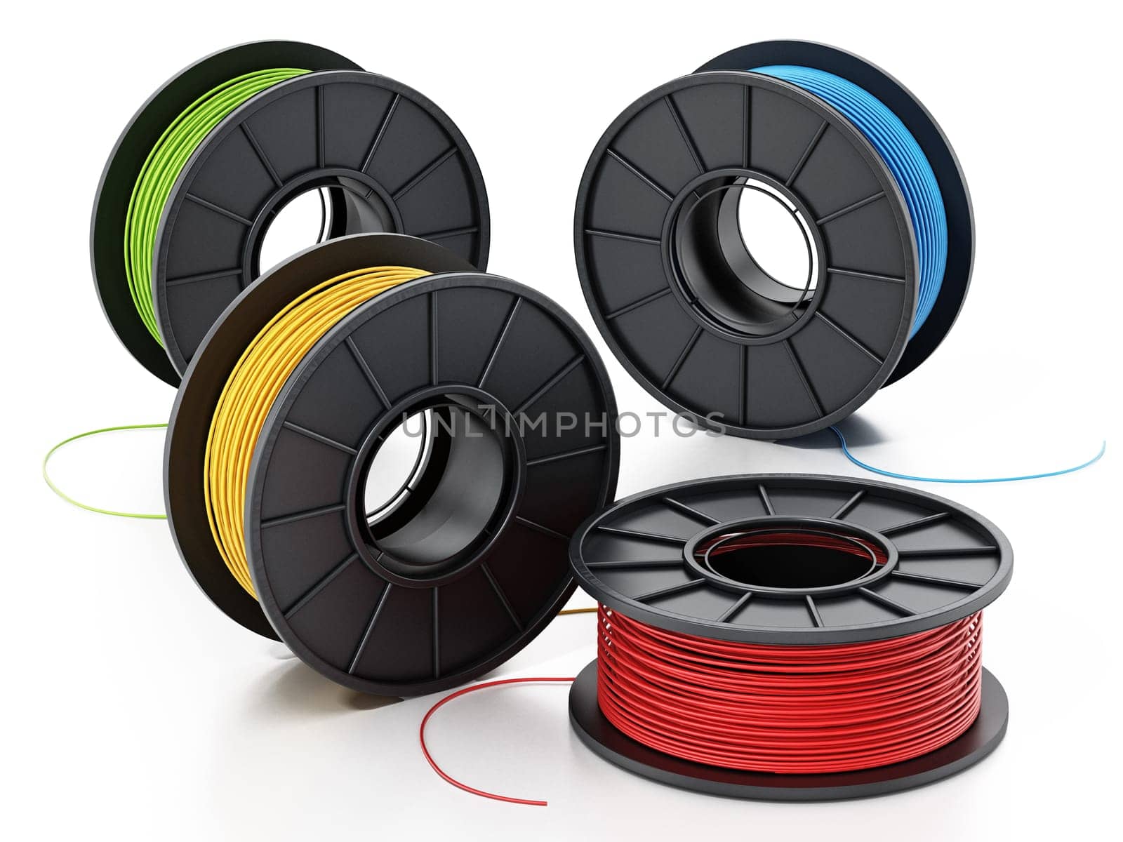 Generic new spools of 3D filaments isolated on white background. 3D illustration.