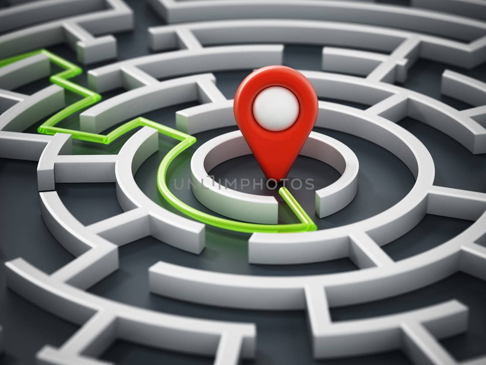 Red navigation marker at the center of round maze. 3D illustration.