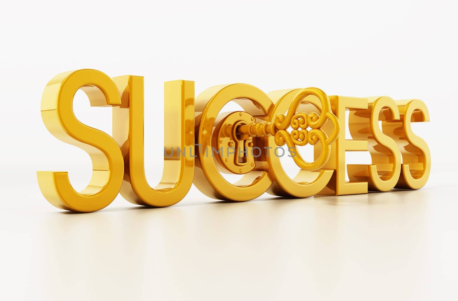 Golden key unlocking success word. 3D illustration.