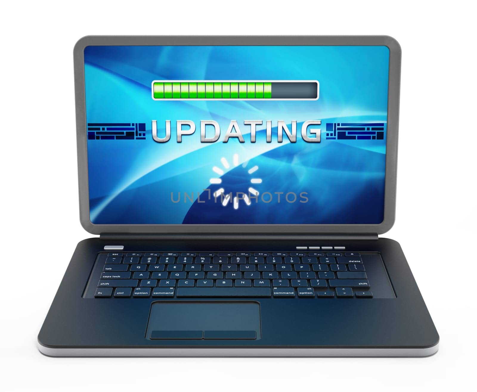 Laptop computer with software update screen. 3D illustration.