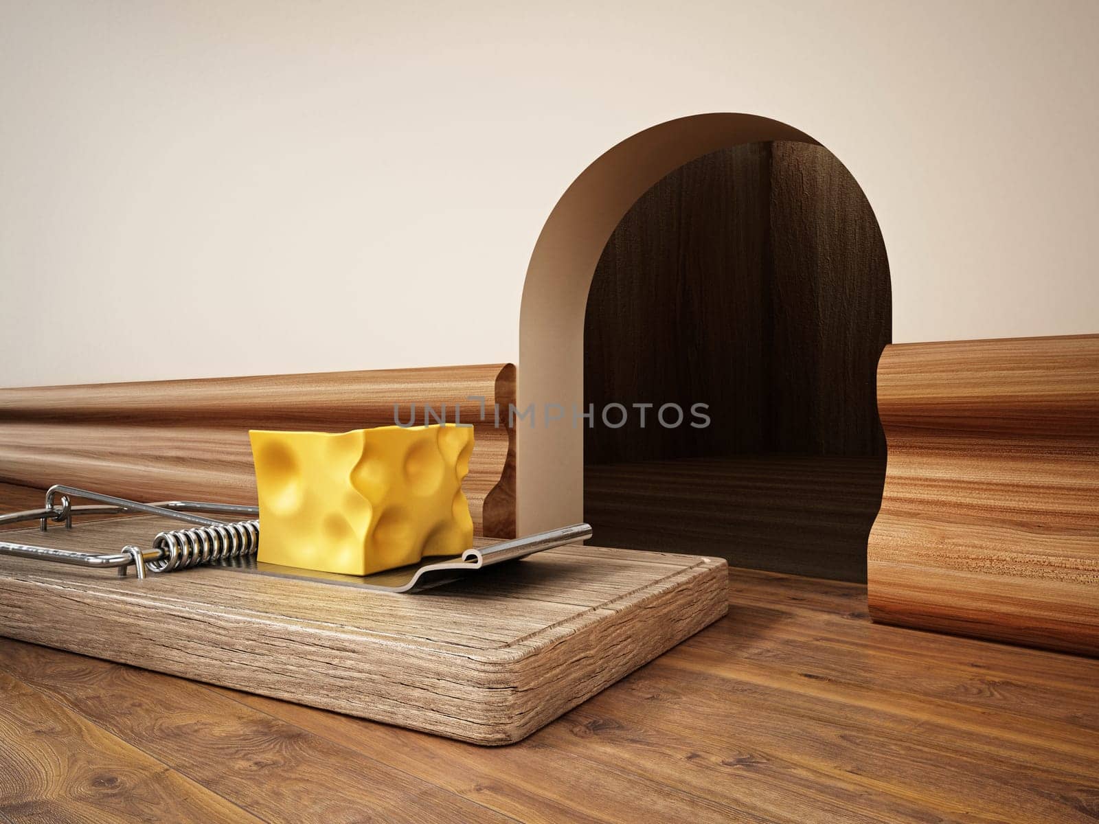 Mouse trap with a piece of cheese standing in front of the mouse hole. 3D illustration.