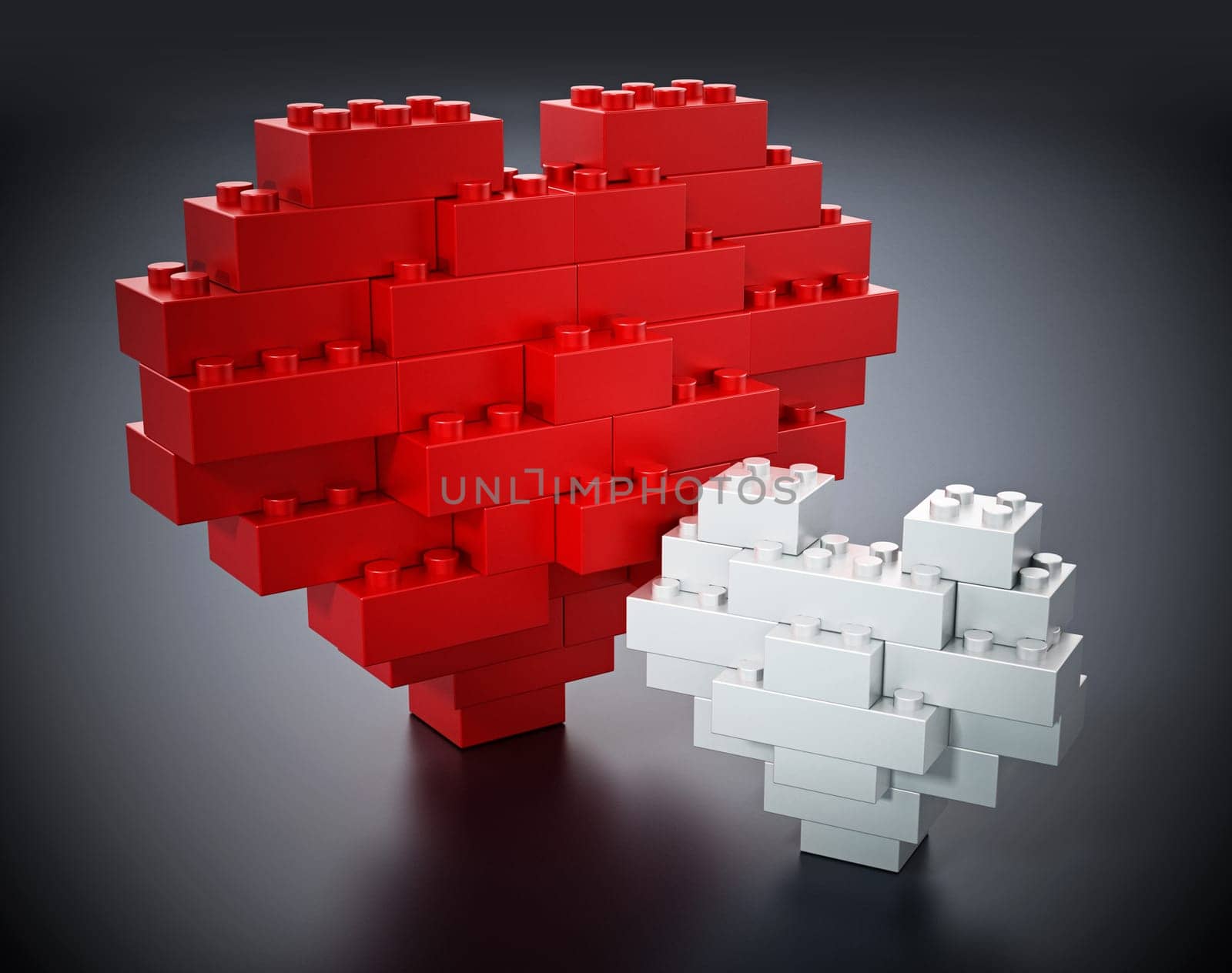 Red and white building blocks forming big and small heart shapes. 3D illustration.