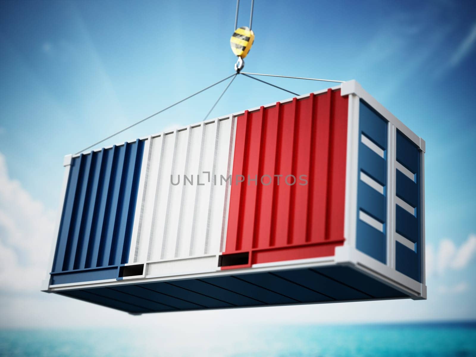 Cargo container with flag of France against blue sky. 3D illustration.