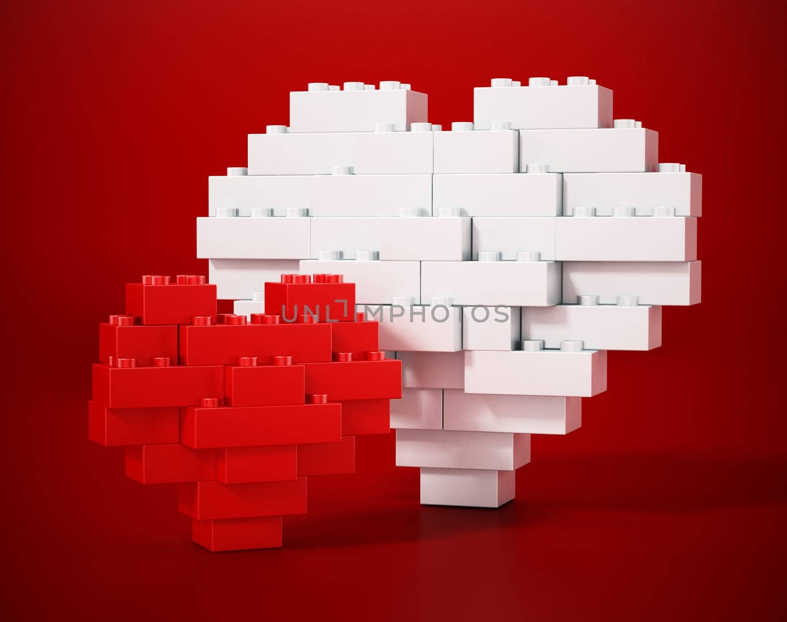 Red and white building blocks forming big and small heart shapes. 3D illustration.