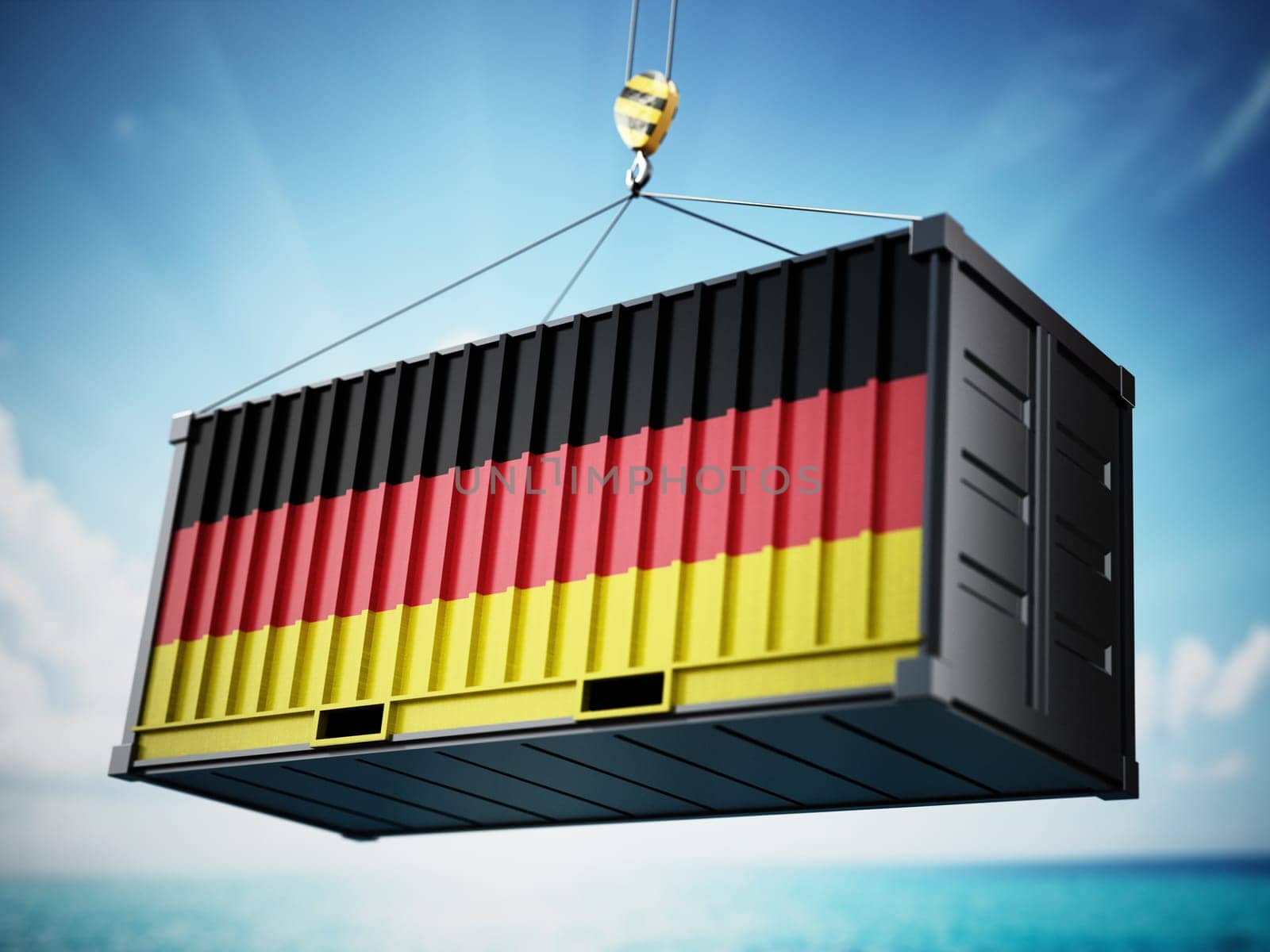 Cargo container with flag of Germany against blue sky. 3D illustration.