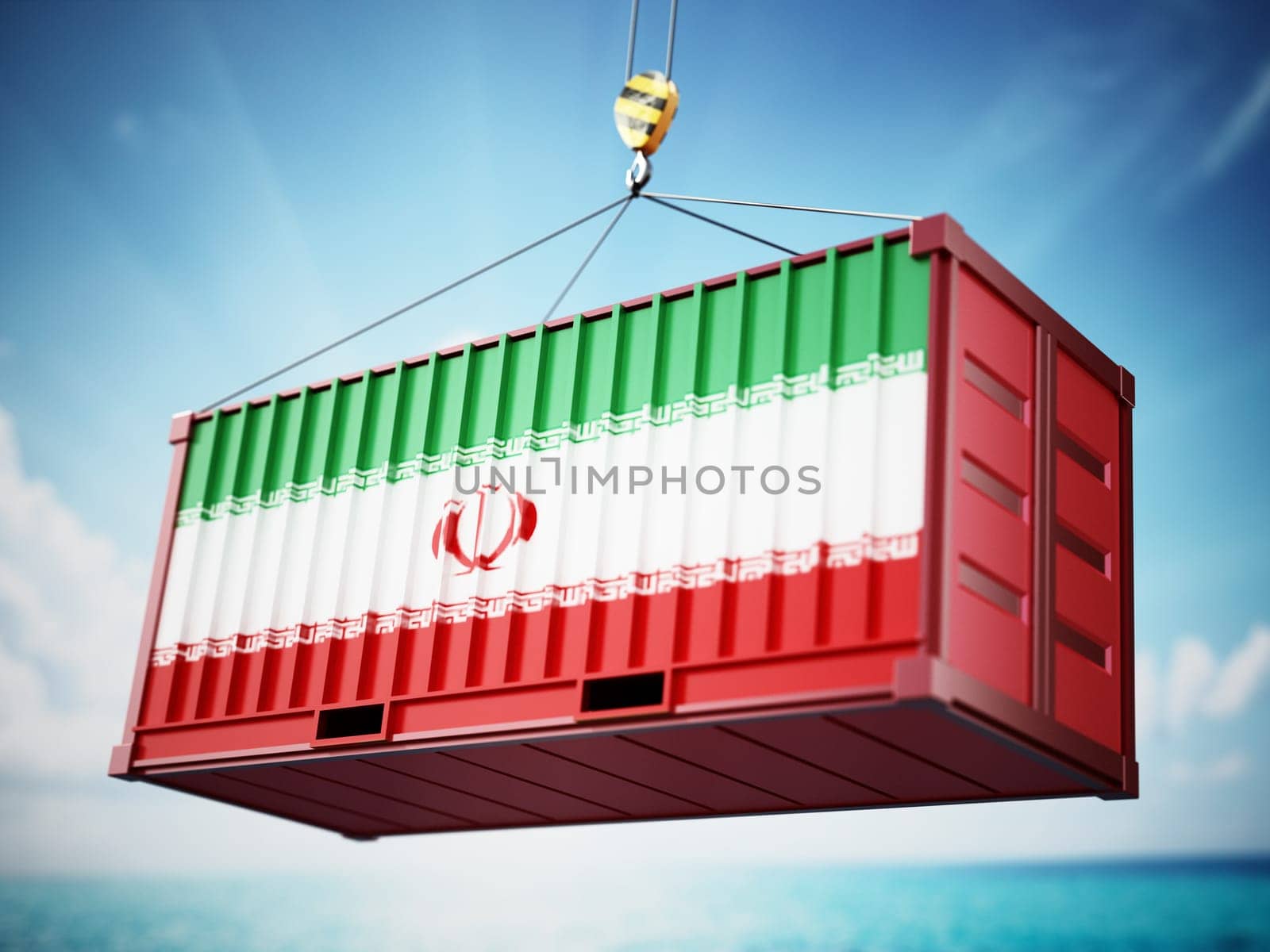 Cargo container with flag of Iran against blue sky. 3D illustration.