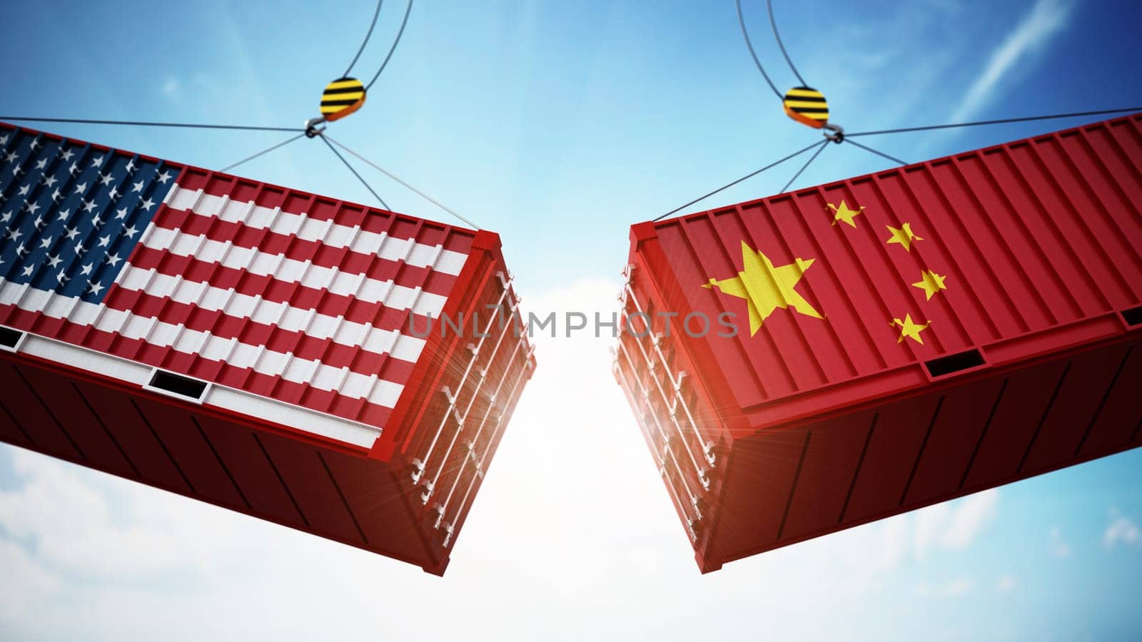 Trade wars concept with American and Chinese flag textured cargo containers clashing. 3D illustration.