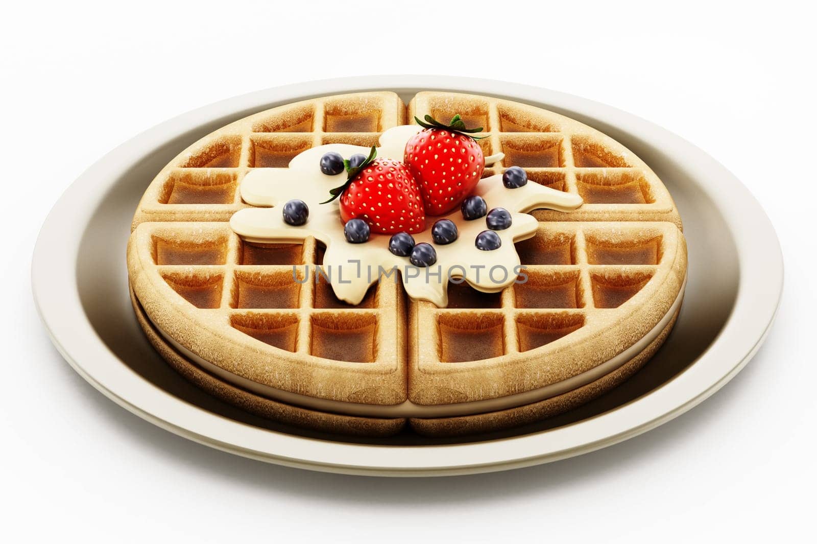 Belgian waffle with chocolate sauce and berries isolated on white background. 3D illustration.