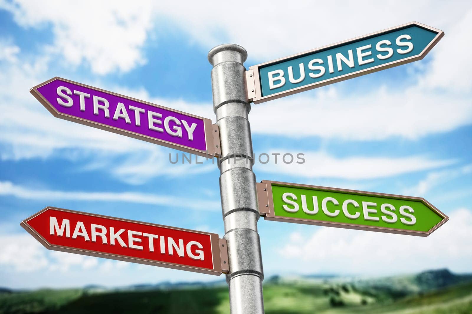 Business, strategy and success signboard against blue sky. 3D illustration.
