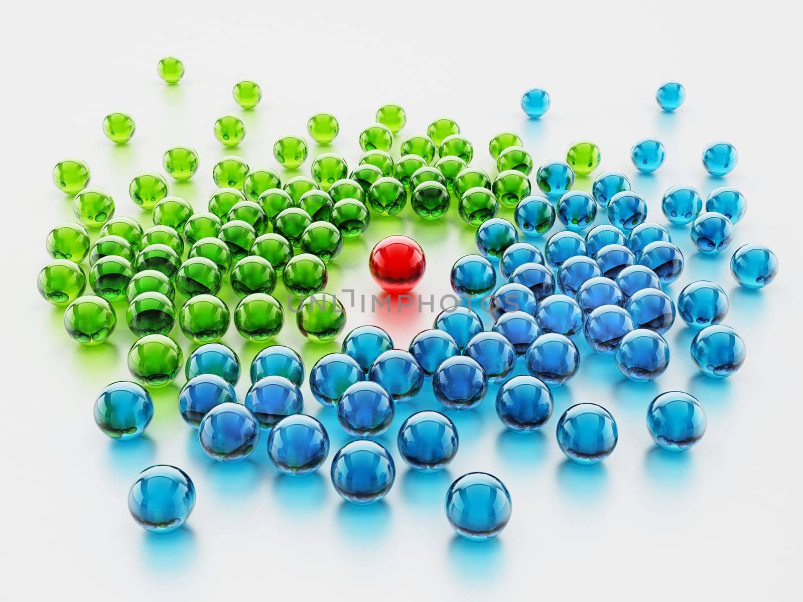 Red shiny sphere standing out among green and blue spheres. 3D illustration.