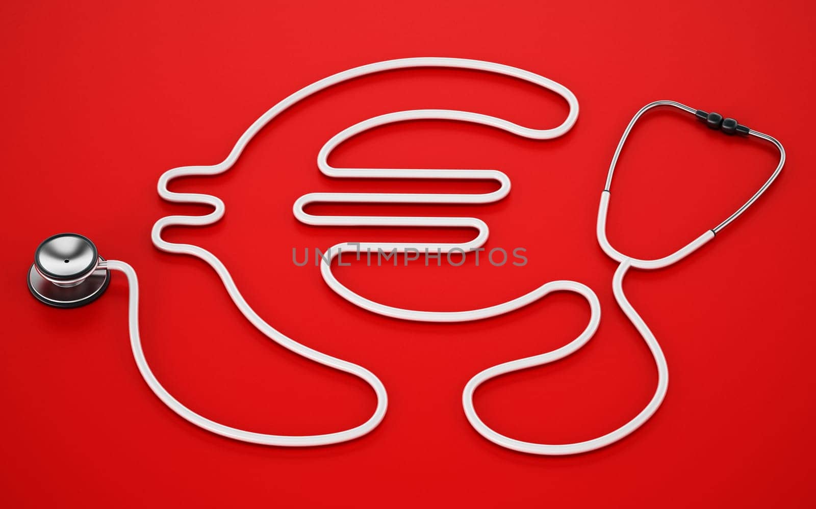 Stethoscope cord forming shape of Euro symbol. 3D illustration.
