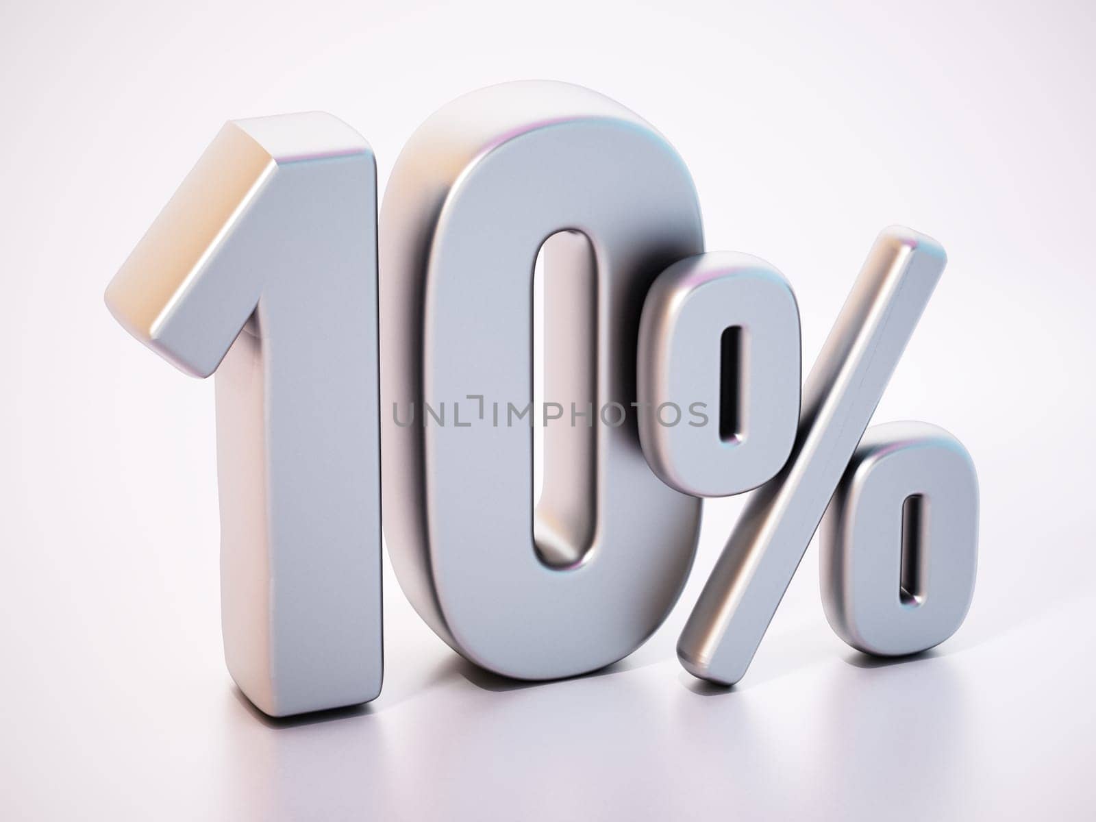 10 percent word standing on white surface with soft reflection. 3D illustration.