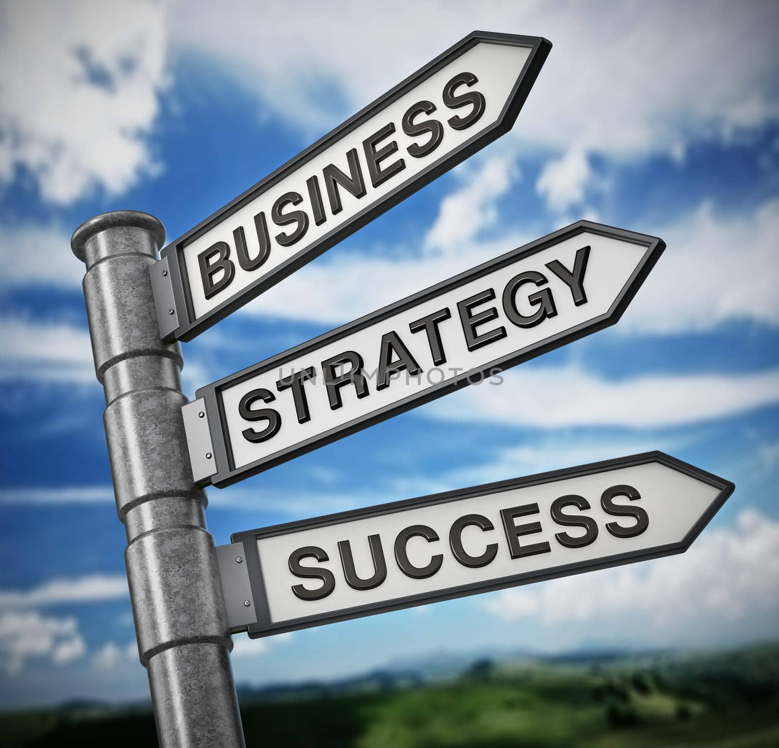Business, strategy and success signboard against blue sky. 3D illustration.
