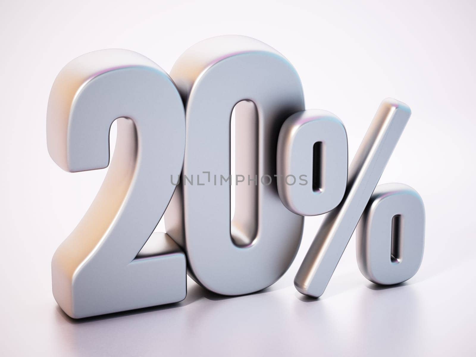 20 percent word standing on white surface with soft reflection. 3D illustration.