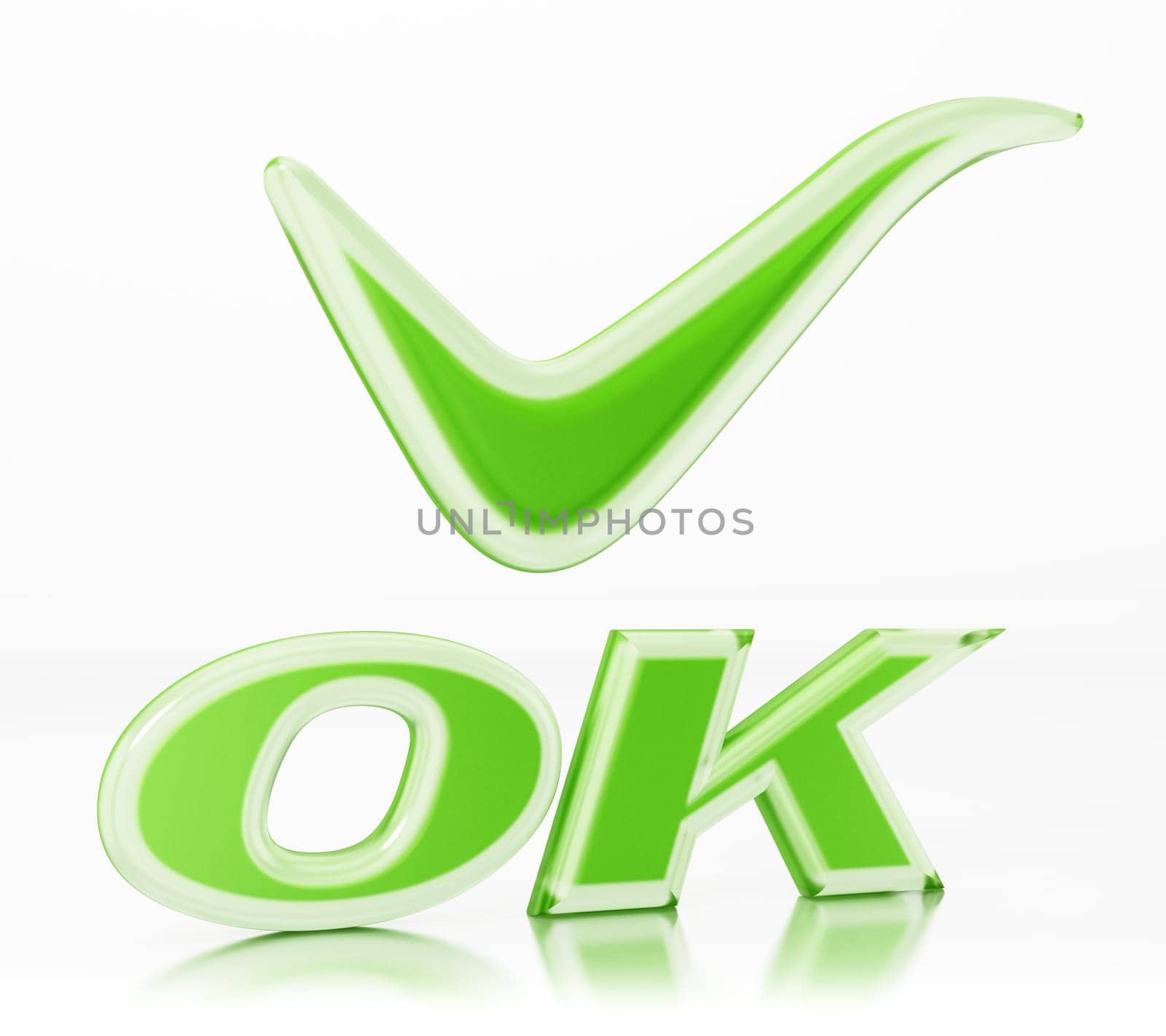 Ok word and tick sign isolated on white background. 3D illustration.