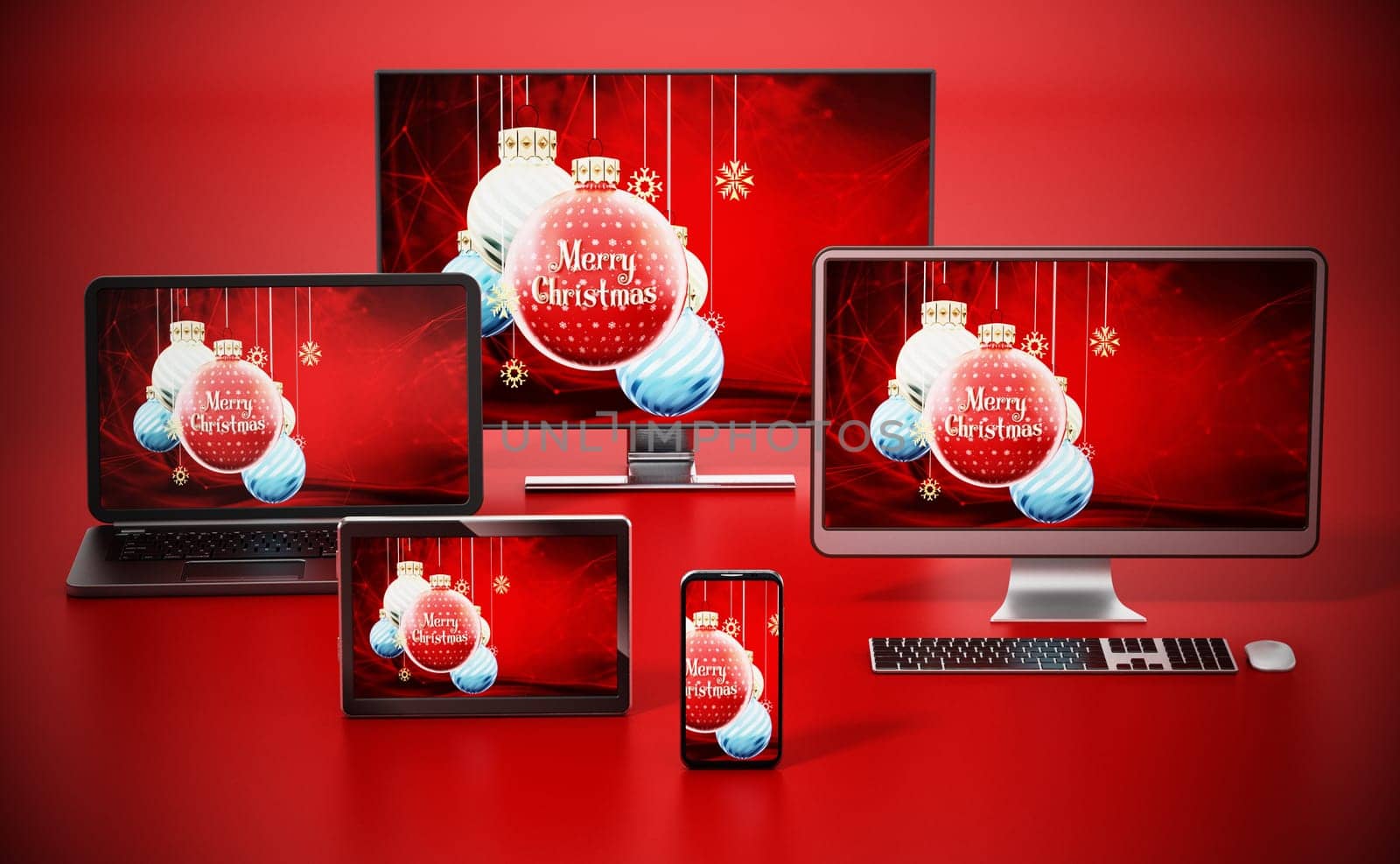 Christmas baubles background on smart TV, monitor, tablet computer, PC, smartphone and laptop computer.