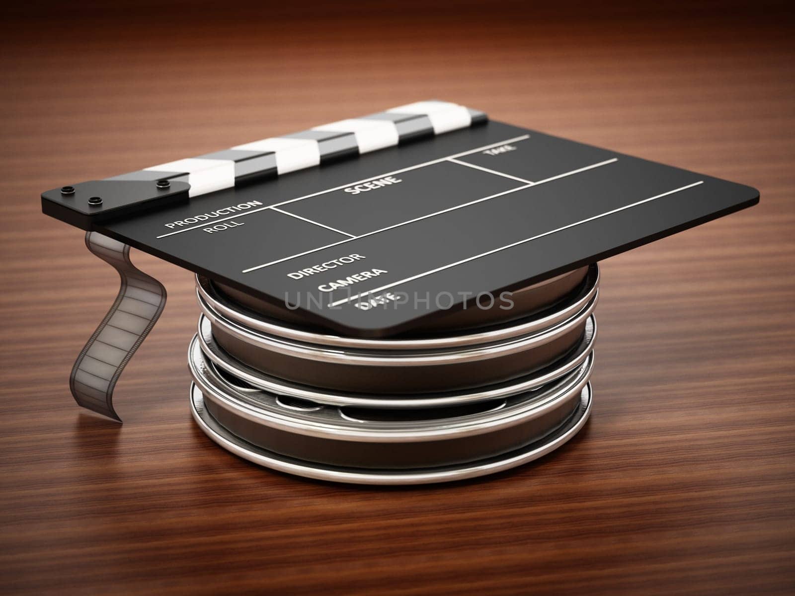 Film reels, clapboard and film roll arranged like graduation cap. 3D illustration.