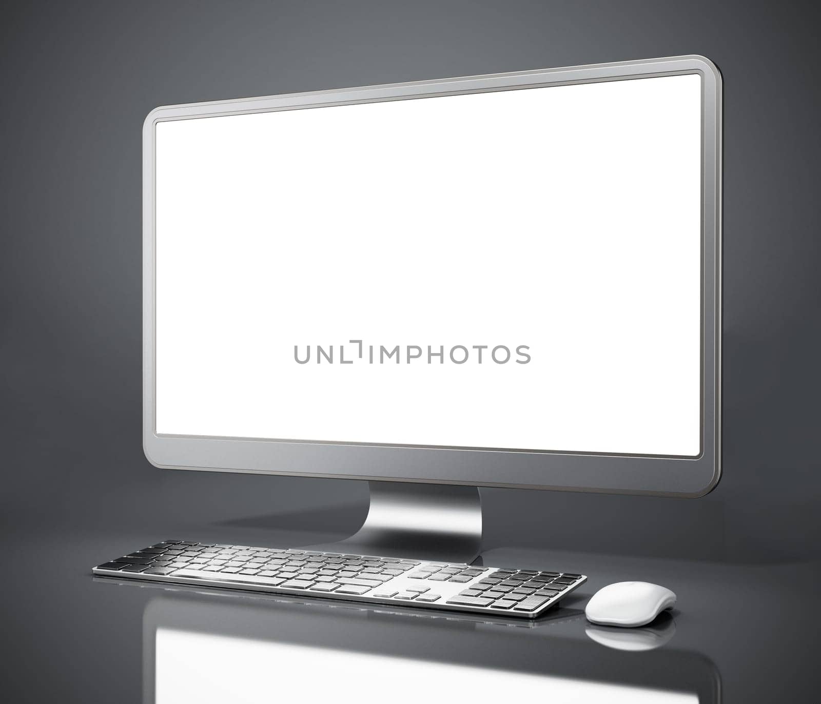 Modern desktop computer with blank screen. 3D illustration.