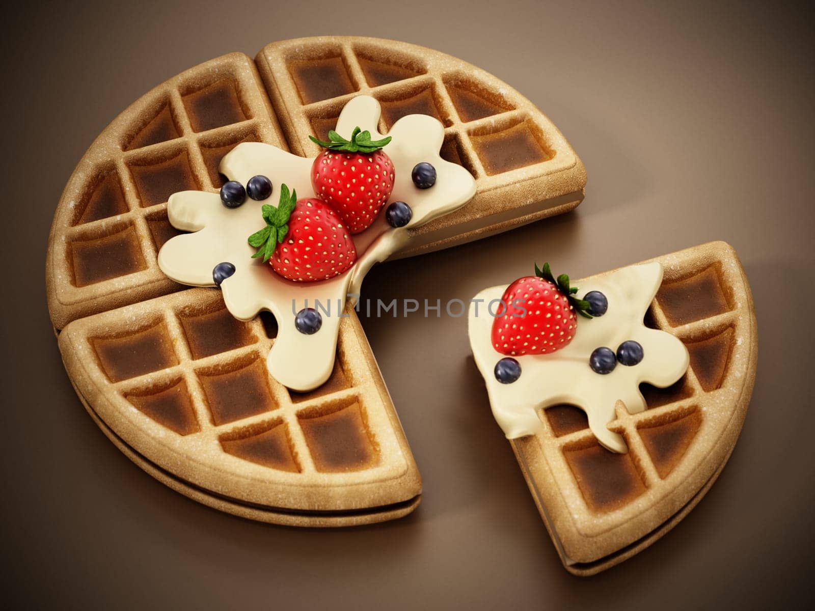 Belgian waffle with white chocolate sauce and berries. 3D illustration.