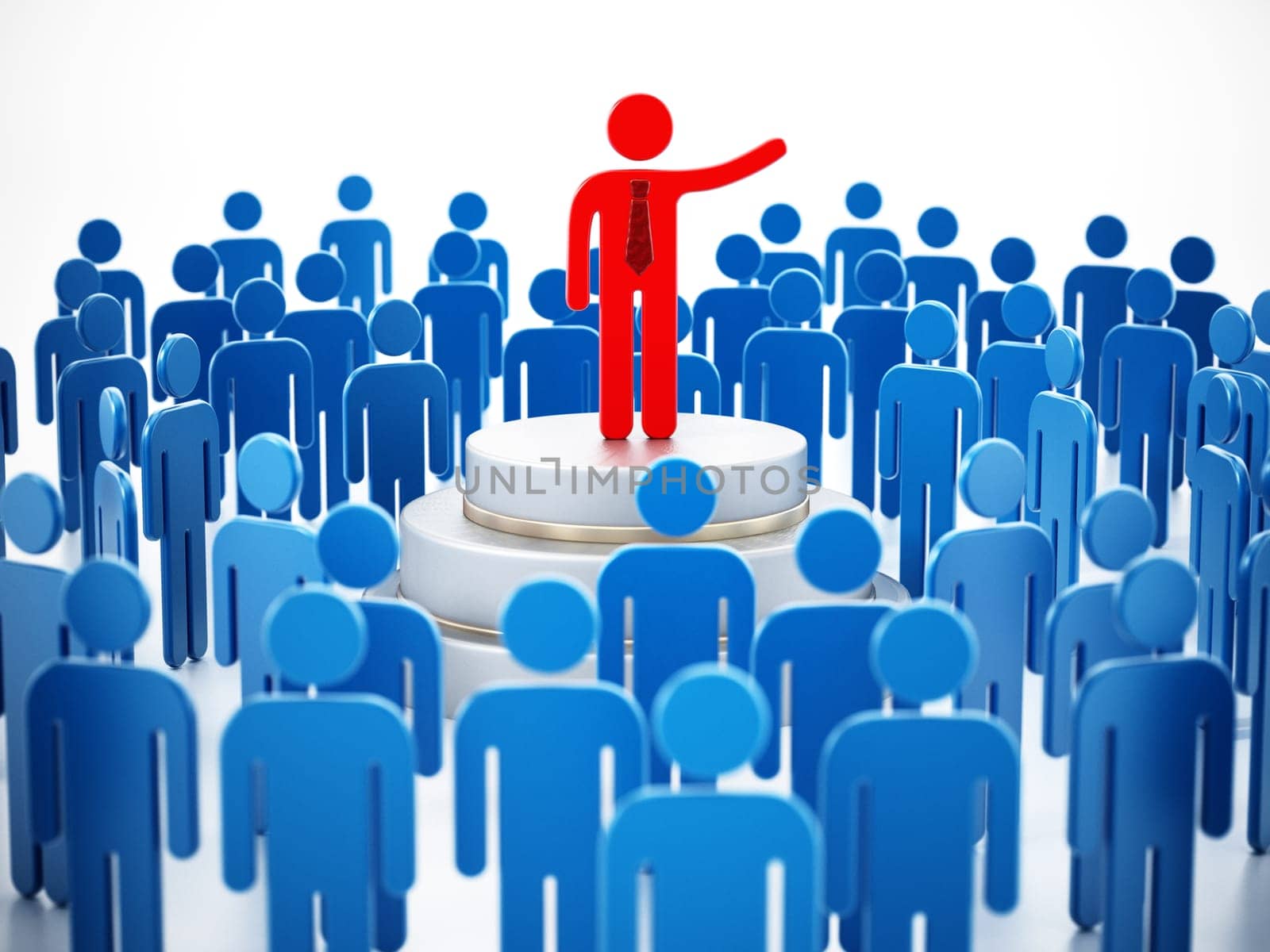 Public speaker red figure surrounded with blue figures giving a speech.