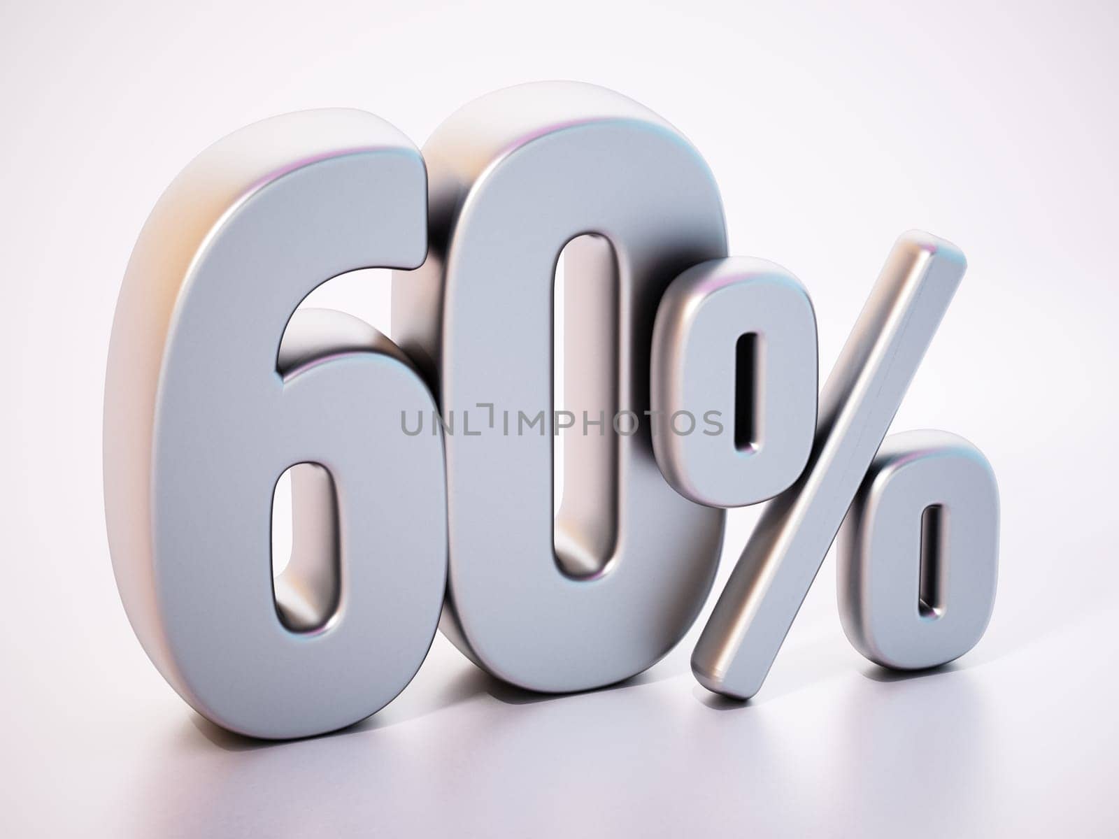 60 percent word standing on white surface with soft reflection. 3D illustration.