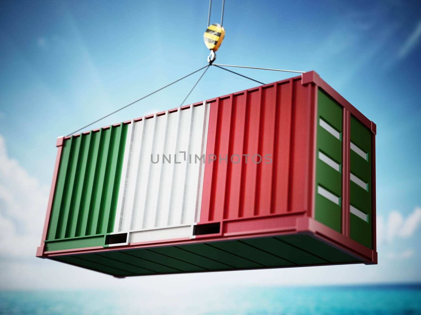 Cargo container with flag of Italy against blue sky. 3D illustration.