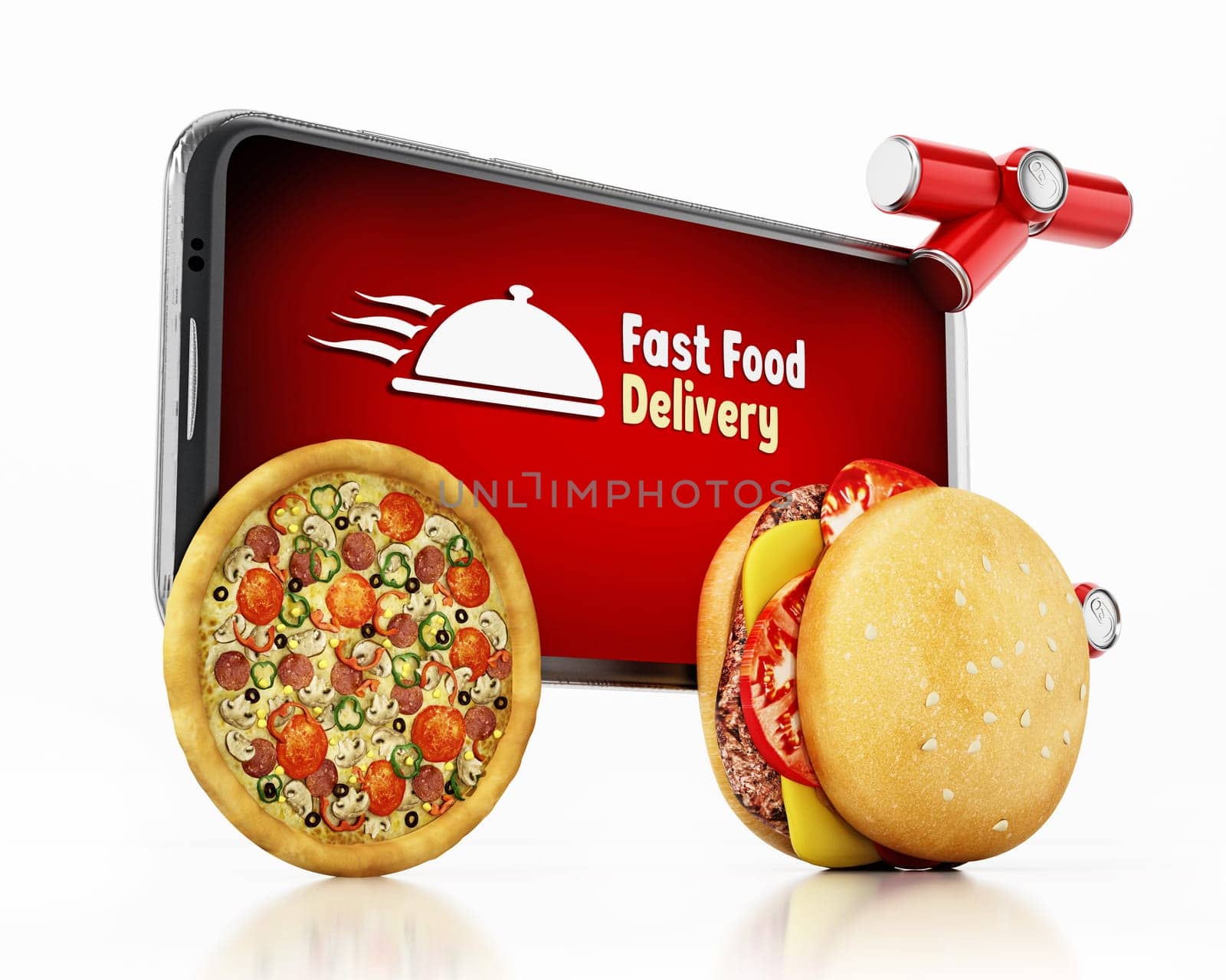 Hamburger and pizza mounted smartphone with fast food delivery text. 3D illustration.