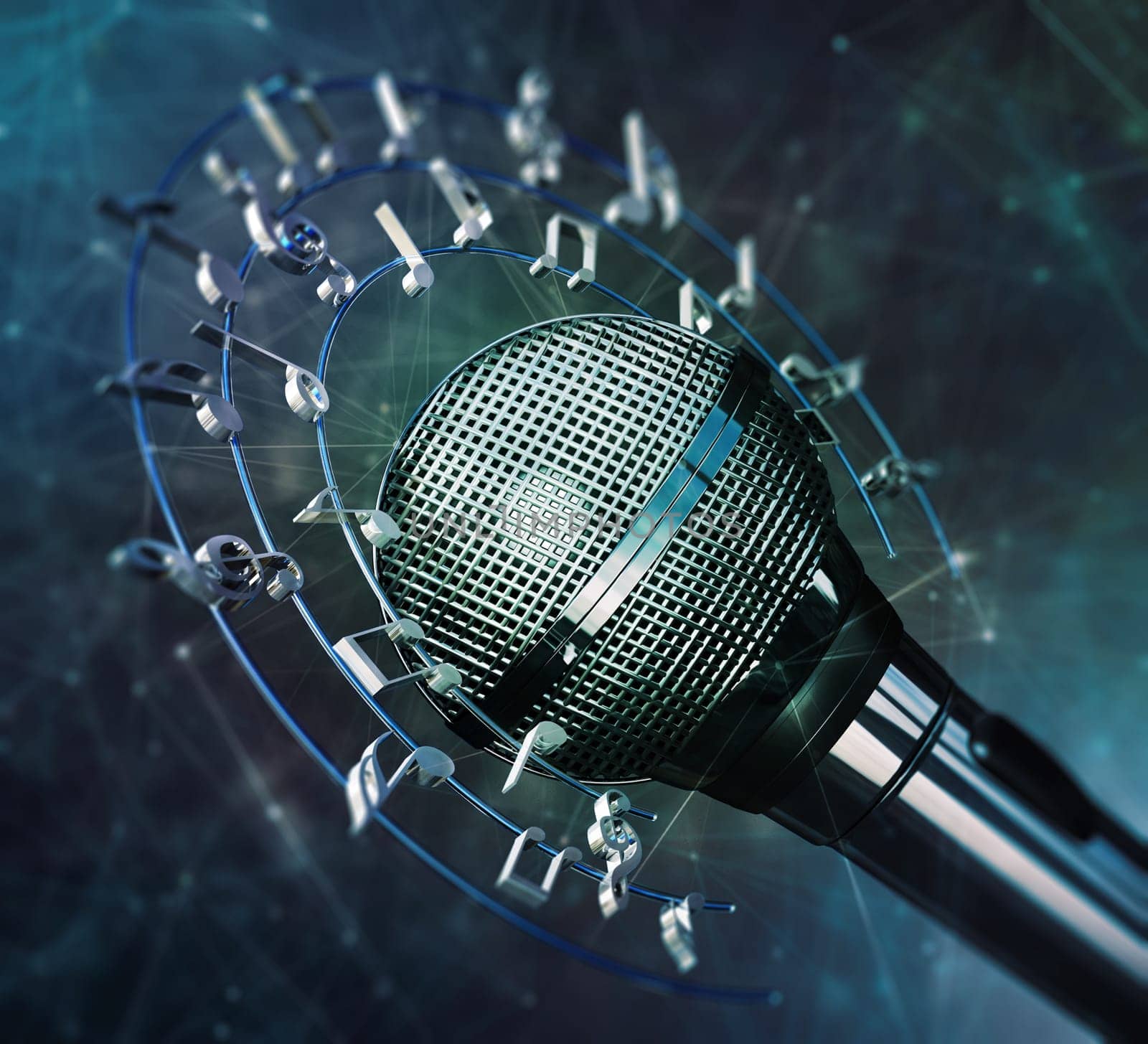 Musical notes and symbols around the microphone. 3D illustration.
