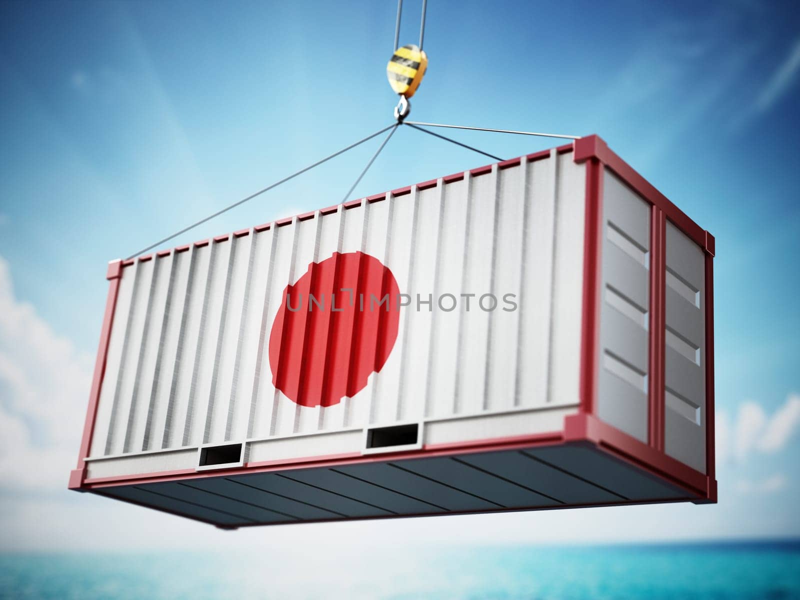 Cargo container with flag of Japan against blue sky. 3D illustration.