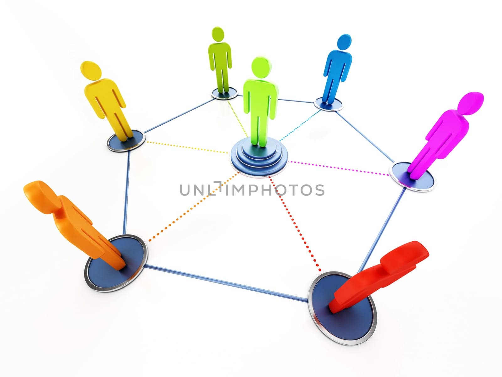 Connected people with a stand out figure at the center. 3D illustration.