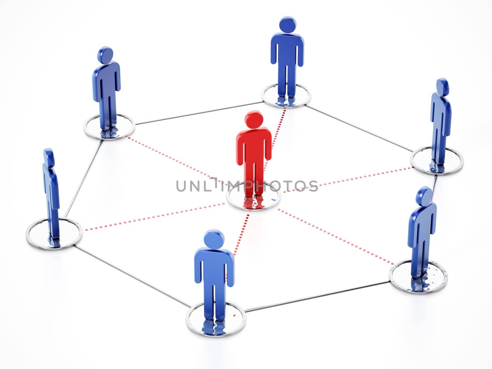 Connected people with a stand out figure at the center. 3D illustration.