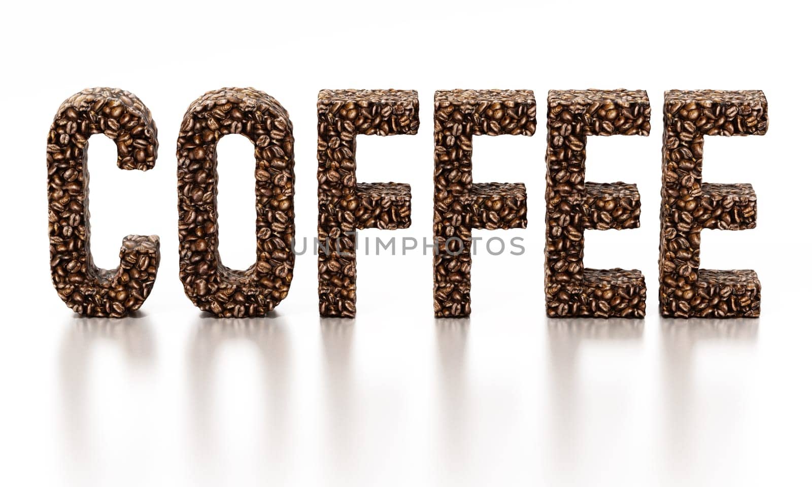Coffee word consisting of roasted coffee beans. 3D illustration.