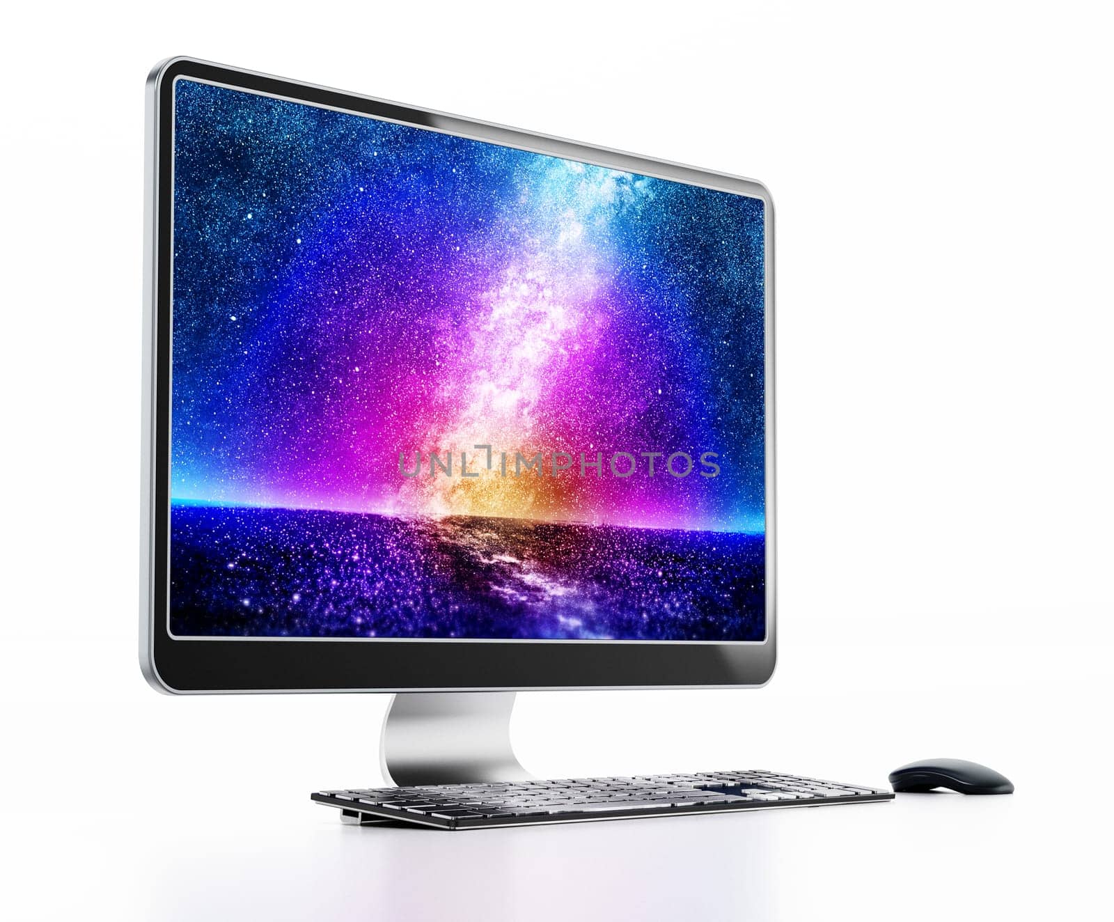 Modern desktop computer with vivid wallpaper. 3D illustration.