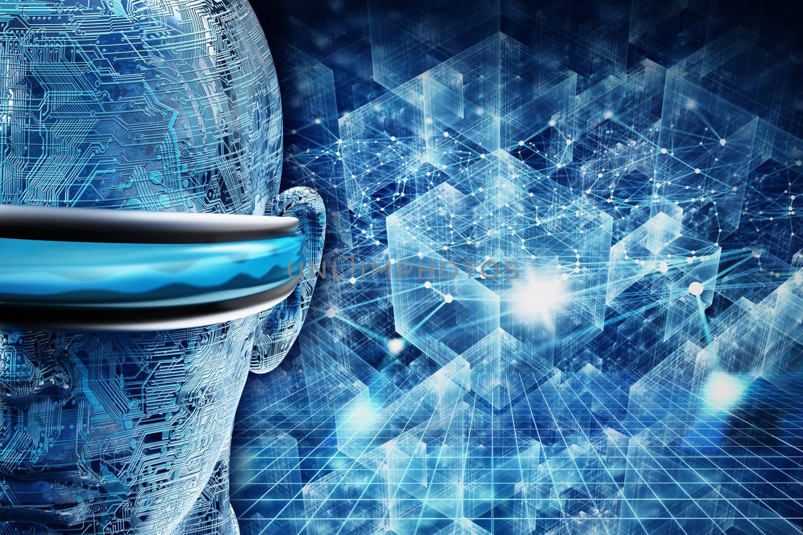 Head wearing virtual reality glasses against cyber technology background. 3D illustration.