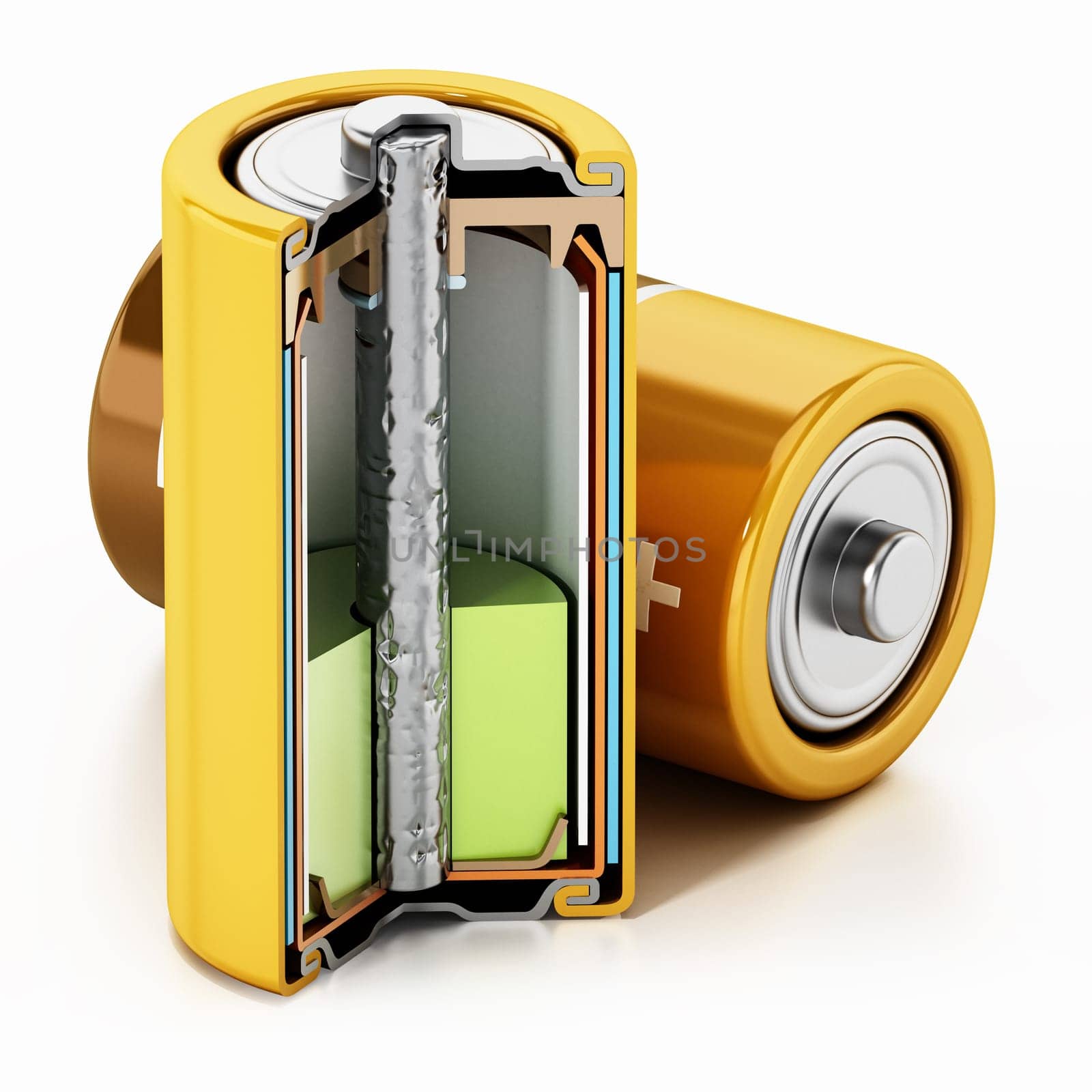 Image showing cross-section of an alcaline battery. 3D illustration.