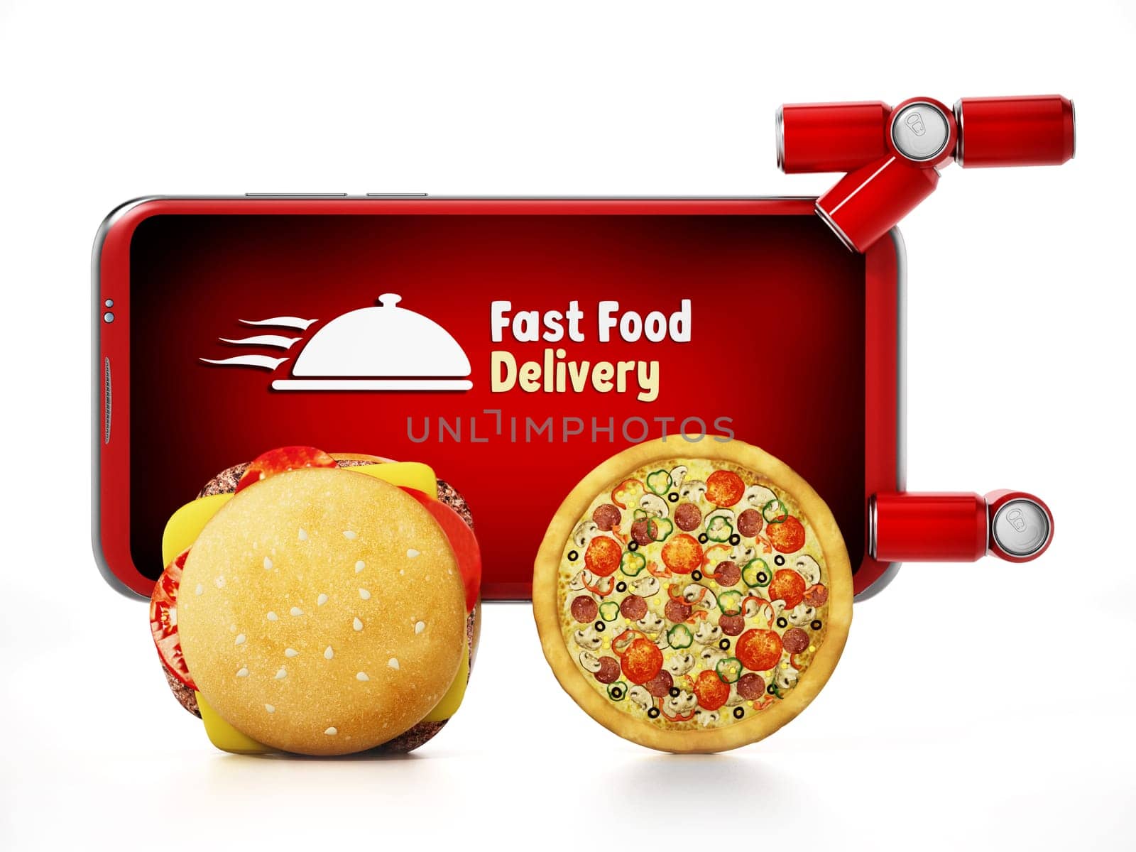 Hamburger and pizza mounted smartphone with fast food delivery text. 3D illustration.
