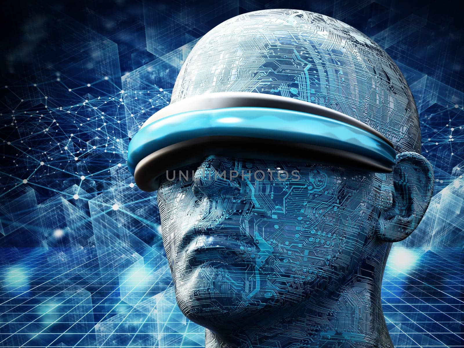 Head wearing virtual reality glasses against cyber technology background. 3D illustration.