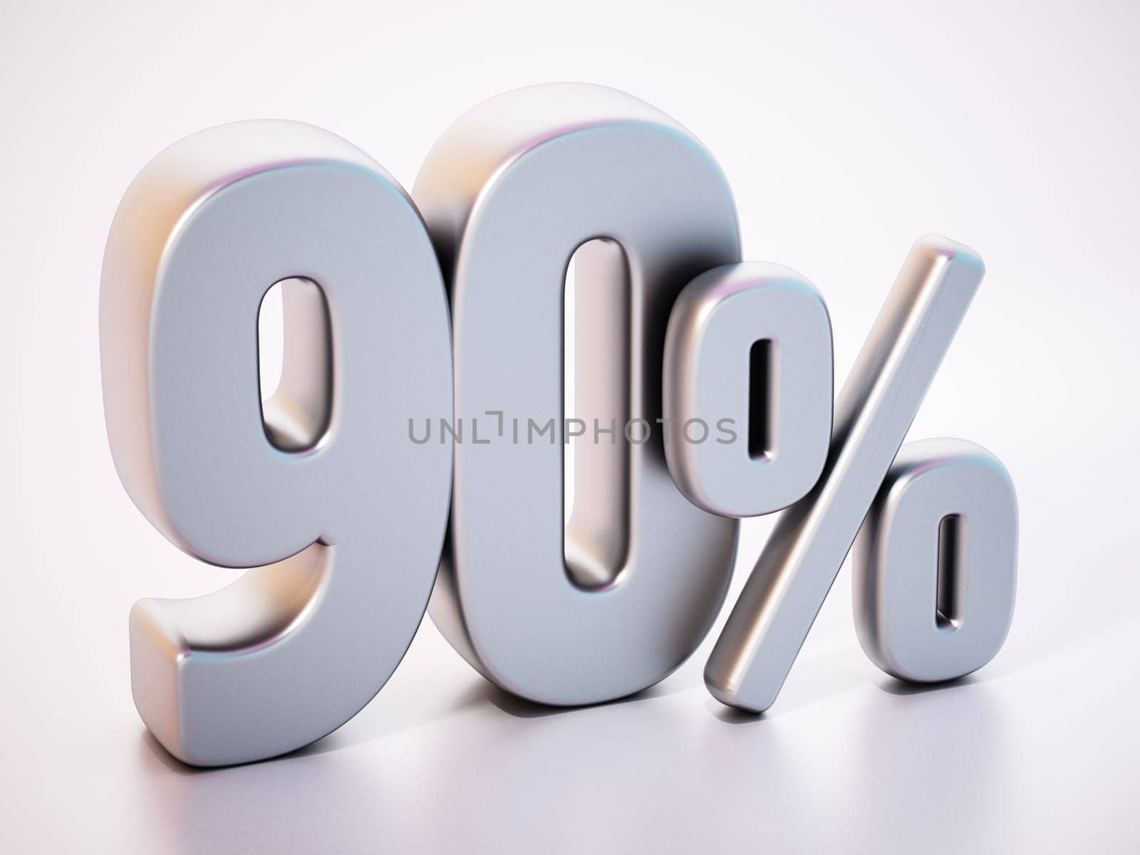 90 percent word standing on white surface with soft reflection. 3D illustration.