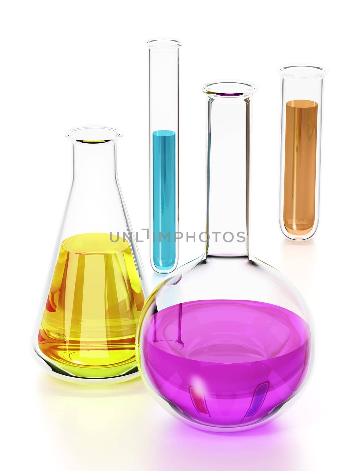 Laboratory tubes with colorful liquids isolated on white background. 3D illustration.